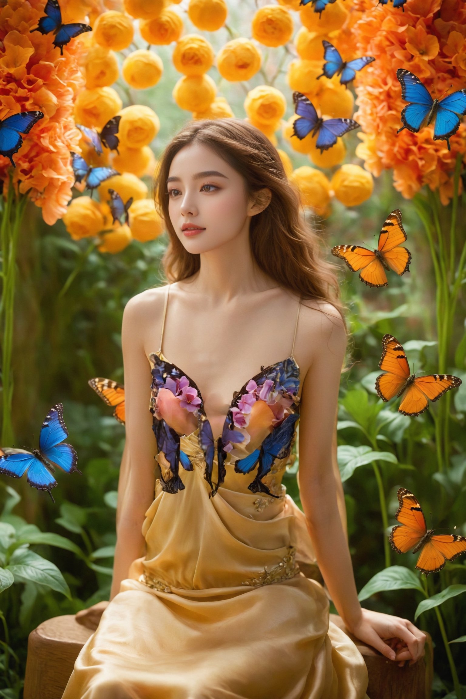 In the enchanting embrace of twilight, a lovely girl sits amongst a vivid garden teeming with life. Realistic and intricate blooms emit an otherworldly glow, their vibrant petals merging the lines between reality and abstraction. As she basks in the surreal beauty, butterflies with wings spanning the spectrum of neon hues flutter exquisitely around her, mimicking the psychedelic patterns adorning her clothing and the Art Nouveau ornaments of the elaborate setting. Within this ethereal scene, the delicate balance between harmony and chaos is achievable.