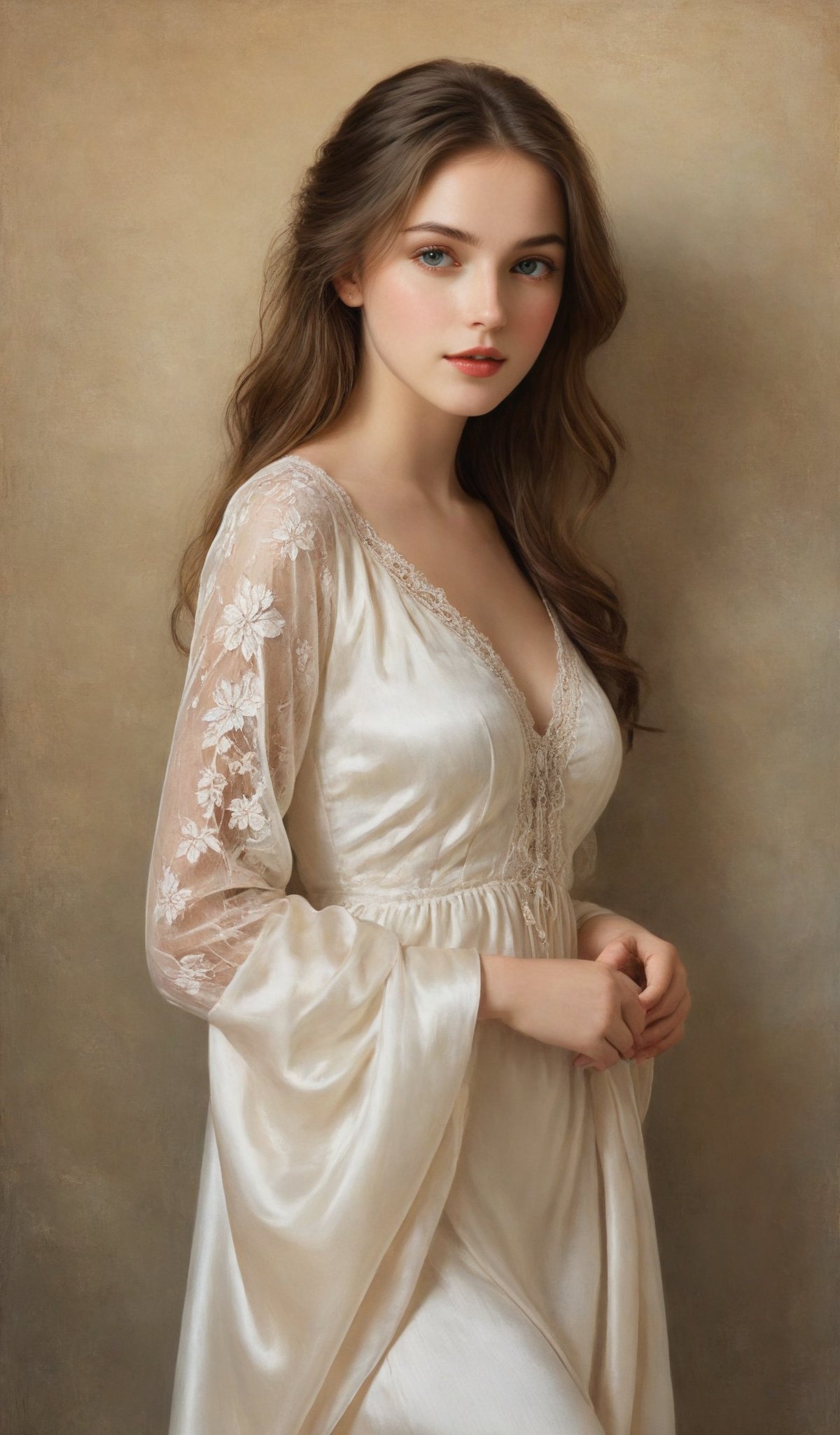 A stunningly beautiful girl, dressed in refined European clothing, is depicted in the height of summer's glow. Embrace the warmth and sophistication with a realistic and detailed composition, immersing the viewer in the exquisite textures of silk, satin, and lace, as they capture the timeless elegance of this enchanting moment.