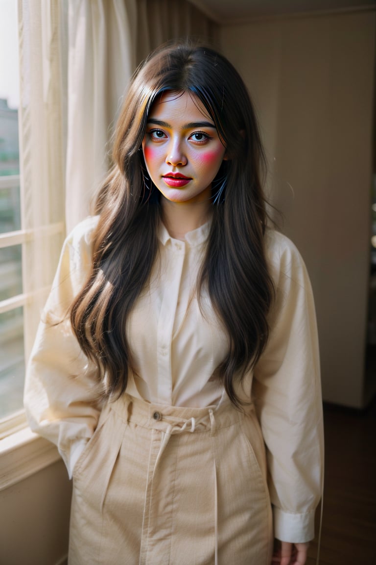 A beautiful woman with long hair, wearing beige and applying makeup in front of the mirror at home, photorealistic, taken using a Canon EOS r5, 80mm f/2 lens, f4 aperture, shutter speed 3.6s, ISO 700, with soft natural light from the window, in the style of natural light portraits --ar 1:2 --stylize 750