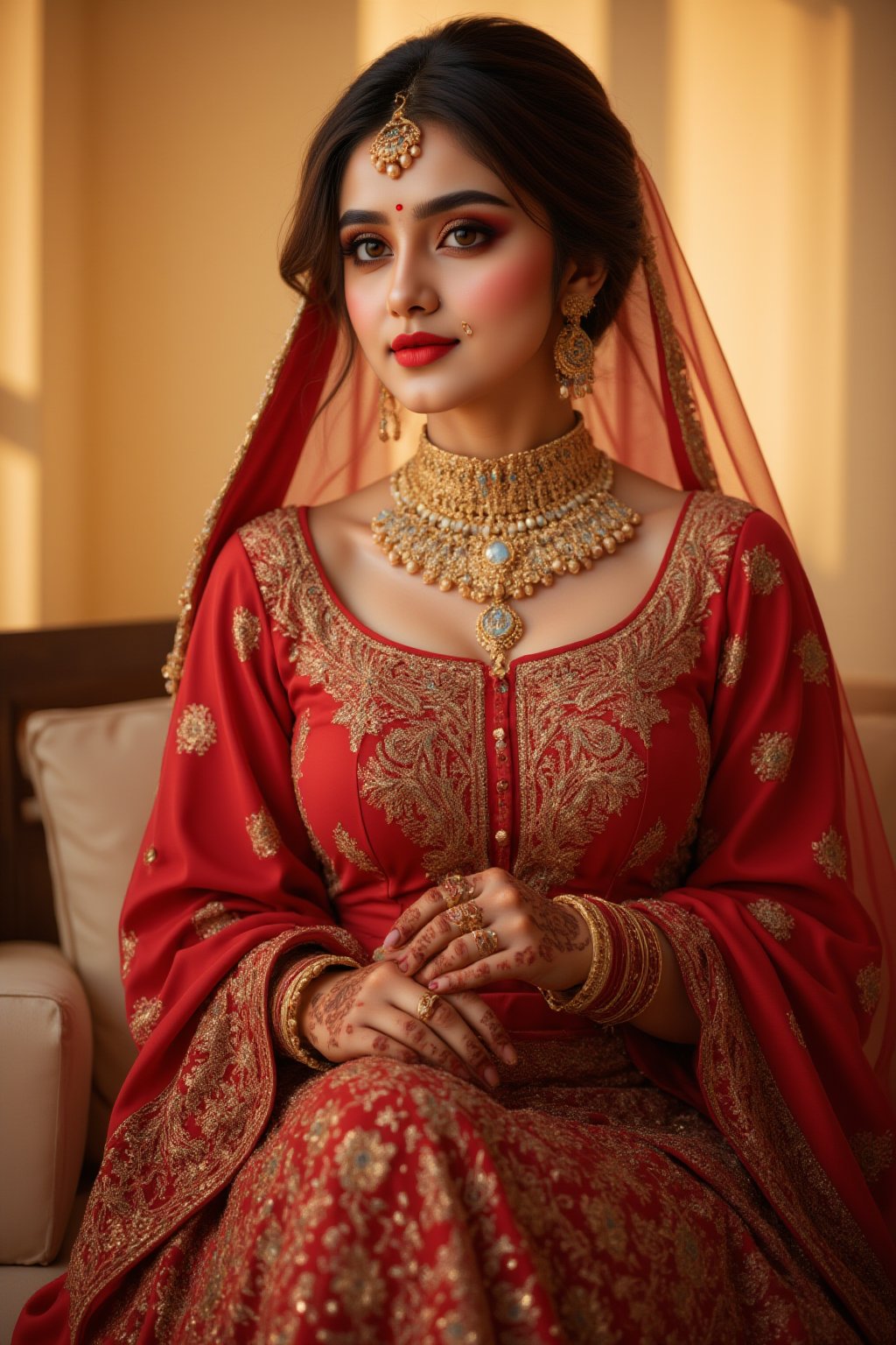 A regal Indian bride sits majestically,  adorned in a stunning red sari with intricate gold embroidery. Her hands and legs...