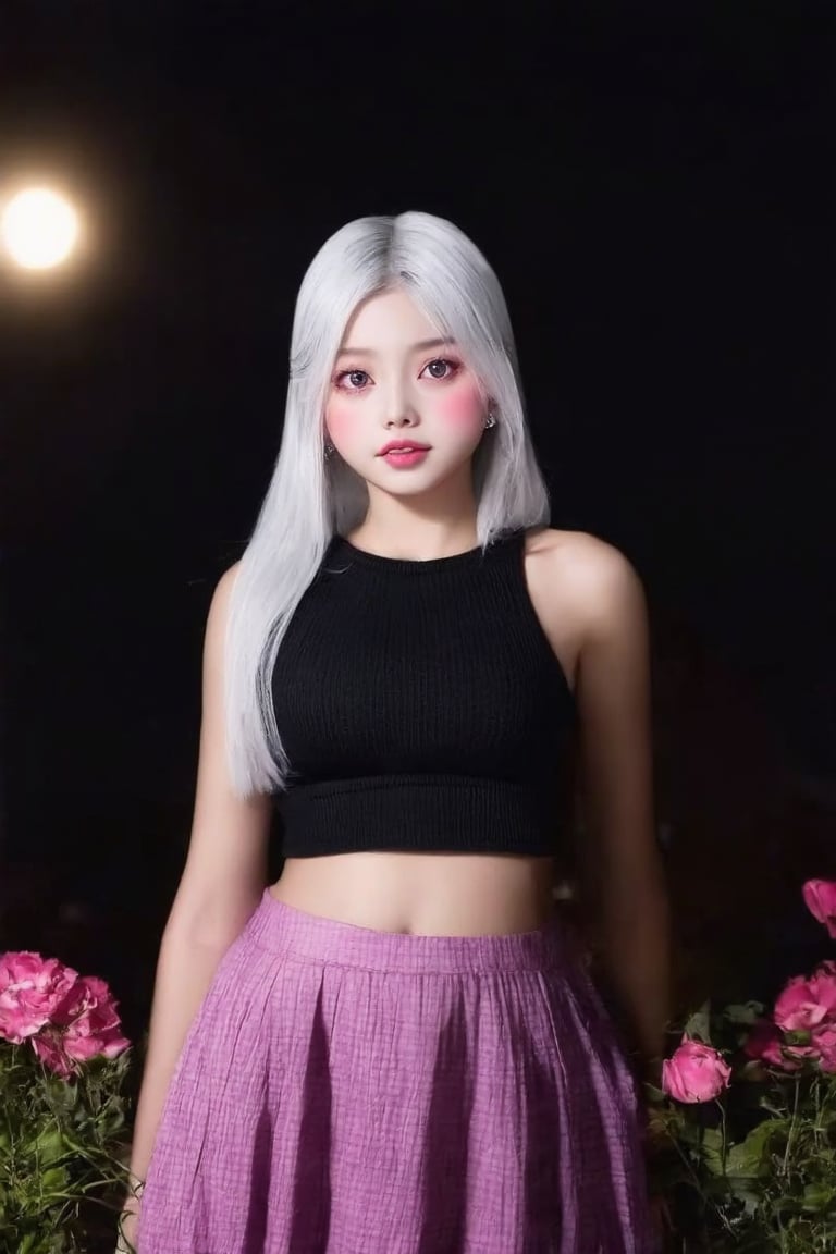 (((score_9, score_8_up, score_7_up, best quality, 4K, 8K, high-resolution, masterpiece, ultra-detailed, realistic, photorealistic, soft light, full-body_portrait))),(((realistic, 1girl, white hair, purple eyes, glowing eyes, crop top, skirt, parted lips, blush, night, flowers, sun, sunlight))),(((high resolution, extremely sharp, ultra-real, extremely detailed, an ultra-realistic photograph captured with a Sony α7 III camera, equipped with an 85mm lens, depicting, The image, taken in high resolution.))) 