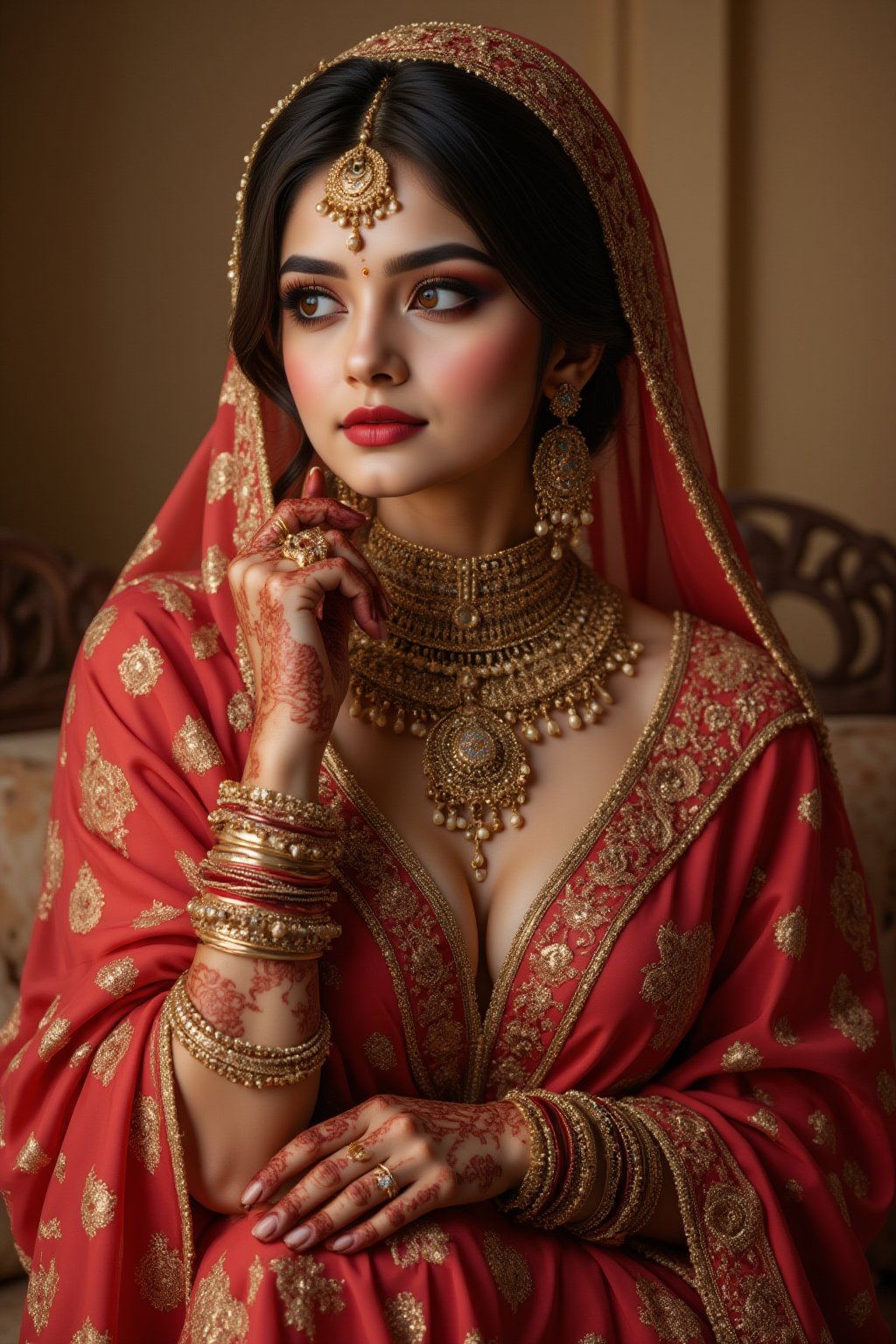 A richly embellished portrait of an elegant Indian bride,  draped in a resplendent red sari adorned with golden work. She...