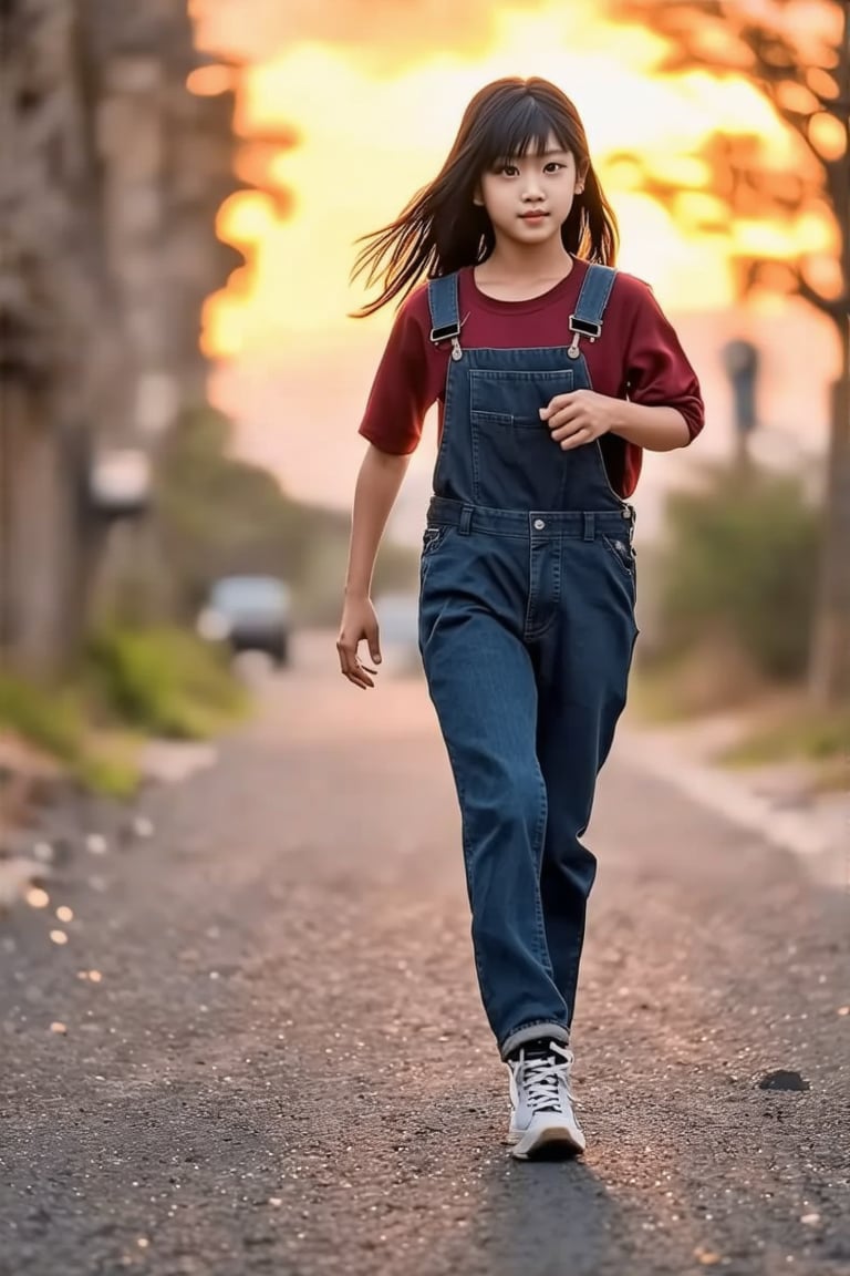 (((score_9, score_8_up, score_7_up, best quality, 4K, 8K, high-resolution, masterpiece, ultra-detailed, realistic, photorealistic))), 
(((1girl, solo, black hair, outdoors, shoes, sneakers, walking, sunset, running, realistic, sun, overalls))),(((high resolution, extremely sharp, ultra-real, extremely detailed, an ultra-realistic photograph captured with a Sony α7 III camera, equipped with an 85mm lens, depicting, The image, taken in high resolution.))) 