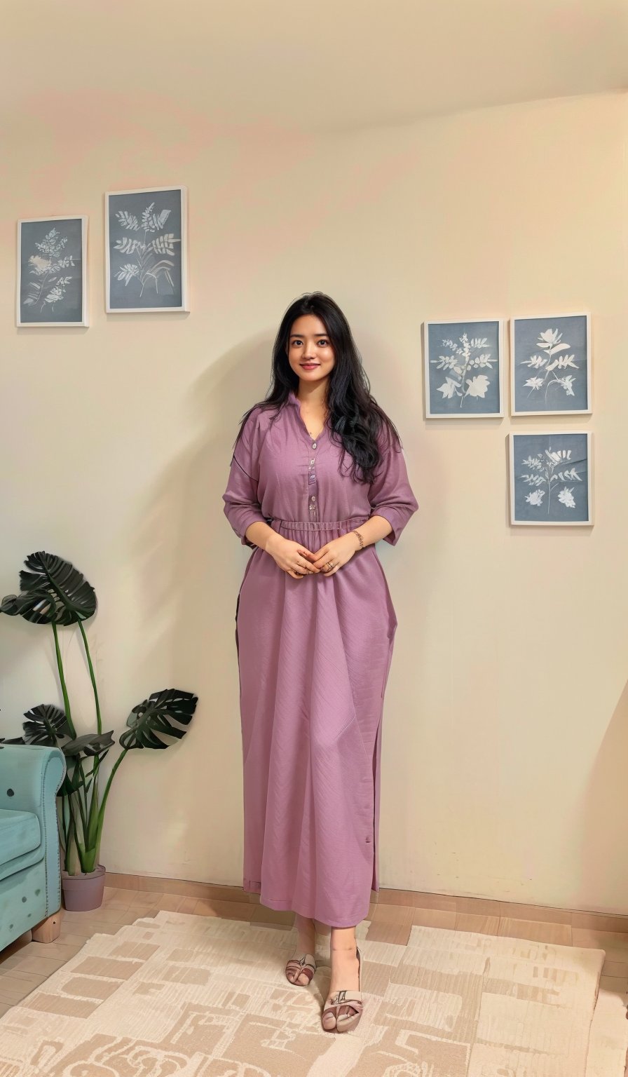 The image shows a woman in a home setting, dressed casually. The background is a room with neutral colors, decorated with framed botanical prints and a plant, suggesting a personal space designed for comfort and aesthetic appeal.