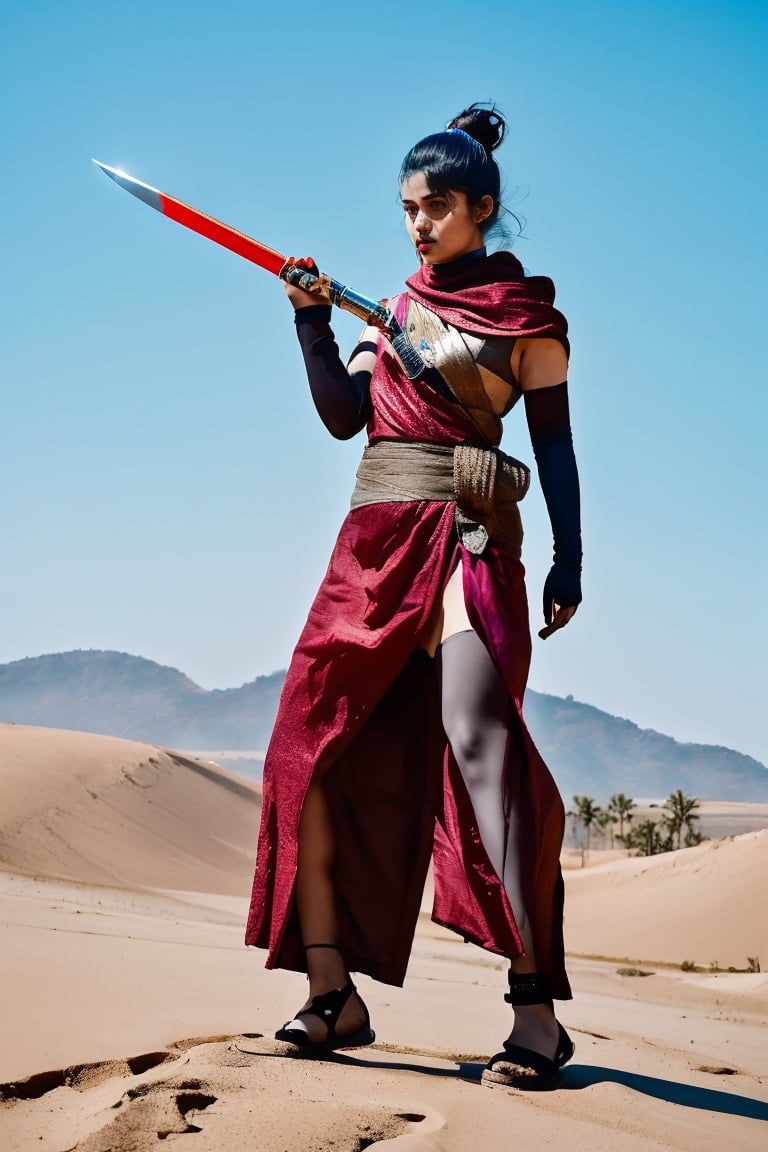 A striking portrait of a female Fremen warrior standing defiantly against the unforgiving sands of Arrakis. Clad in intricately designed, sand-resistant armor, she exudes determination and strength.Pet_cat walking with her. Her gaze pierces through the vast expanse of dunes, where hidden threats lurk. The swirling sands create a dynamic movement around her, highlighting her poised posture. Wielding a glistening crysknife, which reflects the scorching sunlight, she embodies the duality of weapon and survival tool. This portrait encapsulates the unwavering resilience and prowess of a fierce woman, a warrior navigating the treacherous yet breathtaking wilderness of Frank Herbert's Dune universe.