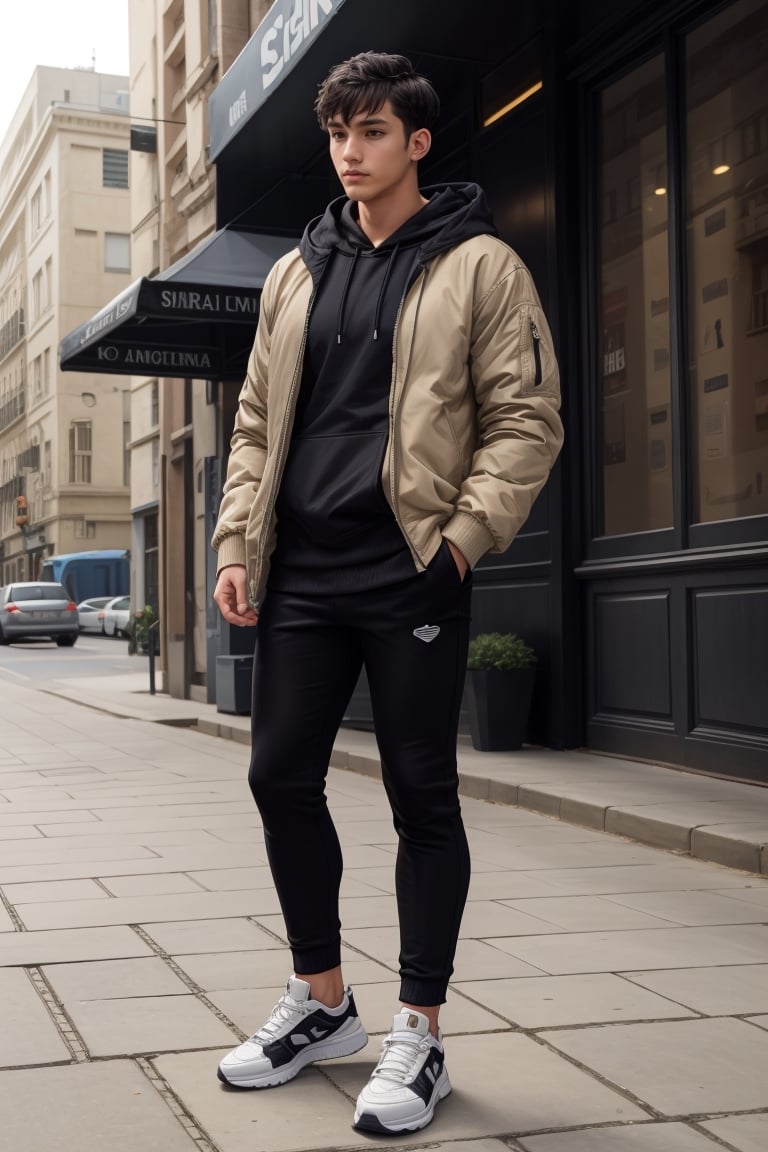 solo, short hair, black hair, 1boy, standing, jacket, full body, male focus, outdoors, shoes, day, pants, hood, hoodie, black pants, white footwear, hood down, building, sneakers, hands in pockets, white hoodie