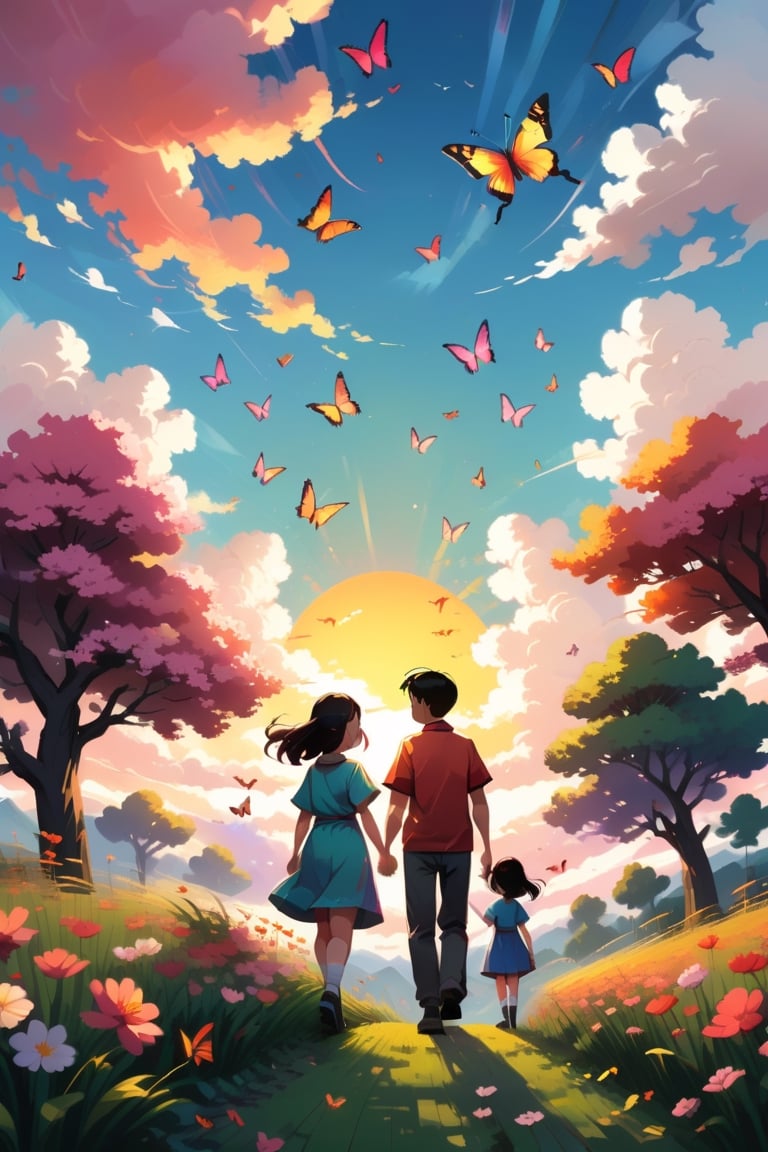 flower, outdoors, sky, cloud, tree, petals, mom and dad and one 10 year old girl , Chinese，grass, scenery, sunset, sun, field, gradient sky,Pixel art, high brightness and hyper coloured，butterflies