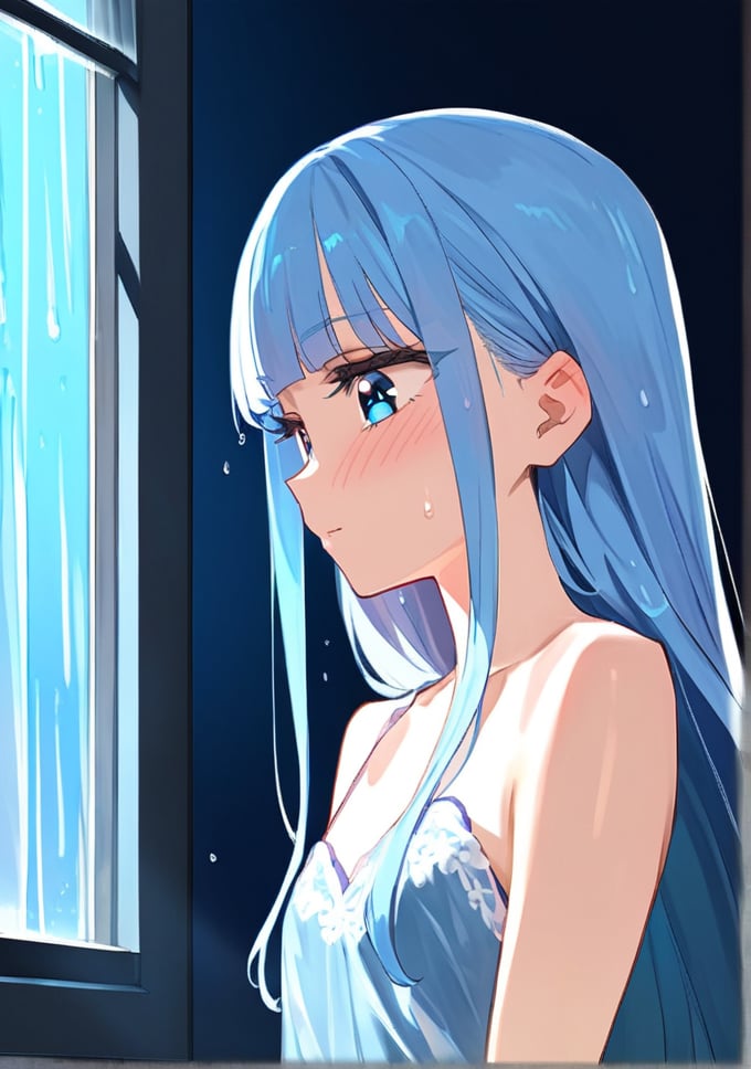 masterpiece, best quality, extremely detailed, (illustration, official art:1.1), 1 girl ,(((( light blue long hair)))), ,(((( light blue long hair)))),light blue hair, , long hair ((blush)) , cute face, big eyes, masterpiece, best quality,(((((a very delicate and beautiful girl))))),Amazing,beautiful detailed eyes,blunt bangs((((little delicate girl)))),tareme(true beautiful:1.2), sense of depth,dynamic angle,,,(((tareme))), affectionate smile, (true beautiful:1.2),,(tiny 1girl model:1.2)(flat chest) 、Upper body close-up（((masterpiece), on)""Perfect face,  beautiful eyes,  clean facial features, she sits by the window in a dark room, gazing quietly at the rain pouring outside. Her expression carries a sense of loneliness and quiet reflection, with soft light from the window faintly illuminating her face. The raindrops sliding down the glass seem to mirror her emotions, creating a melancholy and serene atmosphere throughout the scene."、(((((looking down,looking away))))),

