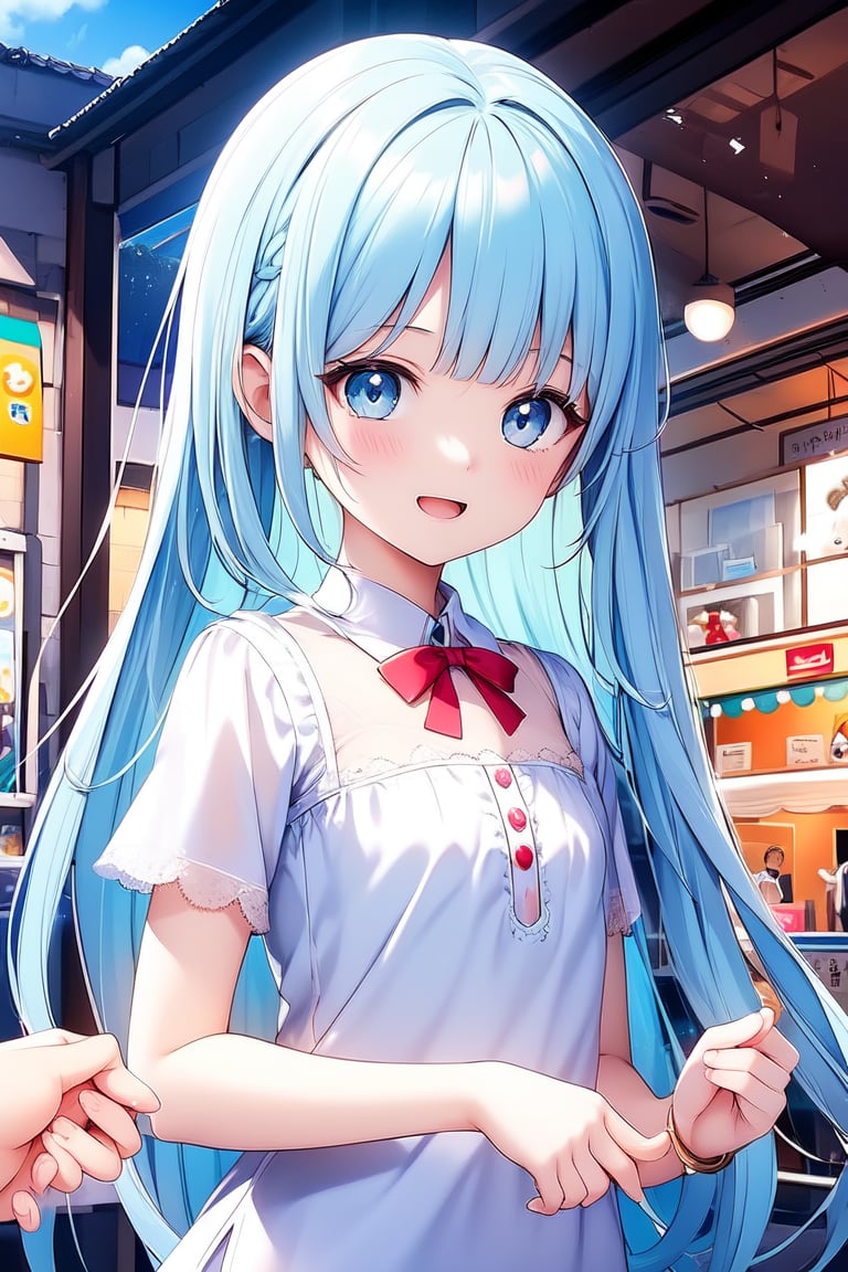 masterpiece, best quality, extremely detailed, (illustration, official art:1.1),adorable face、 1 girl ,(((( light blue long hair)))),pale blue hair,, long hair ((blush)) , cute face, big eyes, masterpiece, best quality,(((((a very delicate and beautiful girl))))),Amazing,beautiful detailed eyes,blunt bangs((((little delicate girl)))),tareme(true beautiful:1.2), sense of depth,dynamic angle,,,, affectionate smile, (true beautiful:1.2),,(tiny 1girl model:1.2),)(flat chest)、masterpiece,beautiful eyes,textile shading, custics,extremely detailed CG, photography,RAW photo,
,,twinbraidblue eyes, ,solo
school uniform, short sleeves, 2 soft serve,open mouth, smile,shopping street,white colored shirt,red ribbon,