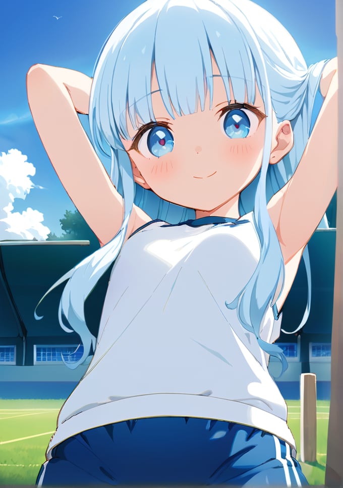 asterpiece, best quality, extremely detailed, (illustration, official art:1.1), 1 girl ,(((( light blue long hair)))), ,(((( light blue long hair)))),light blue hair, , long hair ((blush)) , cute face, big eyes, masterpiece, best quality,(((((a very delicate and beautiful girl))))),Amazing,beautiful detailed eyes,blunt bangs((((little delicate girl)))),tareme(true beautiful:1.2), sense of depth,dynamic angle,,,, affectionate smile, (true beautiful:1.2),,(tiny 1girl model:1.2),)(flat chest) ,masterpiece, super fine illustration, super detailed skin, 1 , petite, , pigtails,white gym clothes, sleeveless, white short socks, blue japanese bloomers, sports shoes, outdoors, lawn, arms up, armpits, spread legs, standing,(SPORT　wear)、school gym buruma
