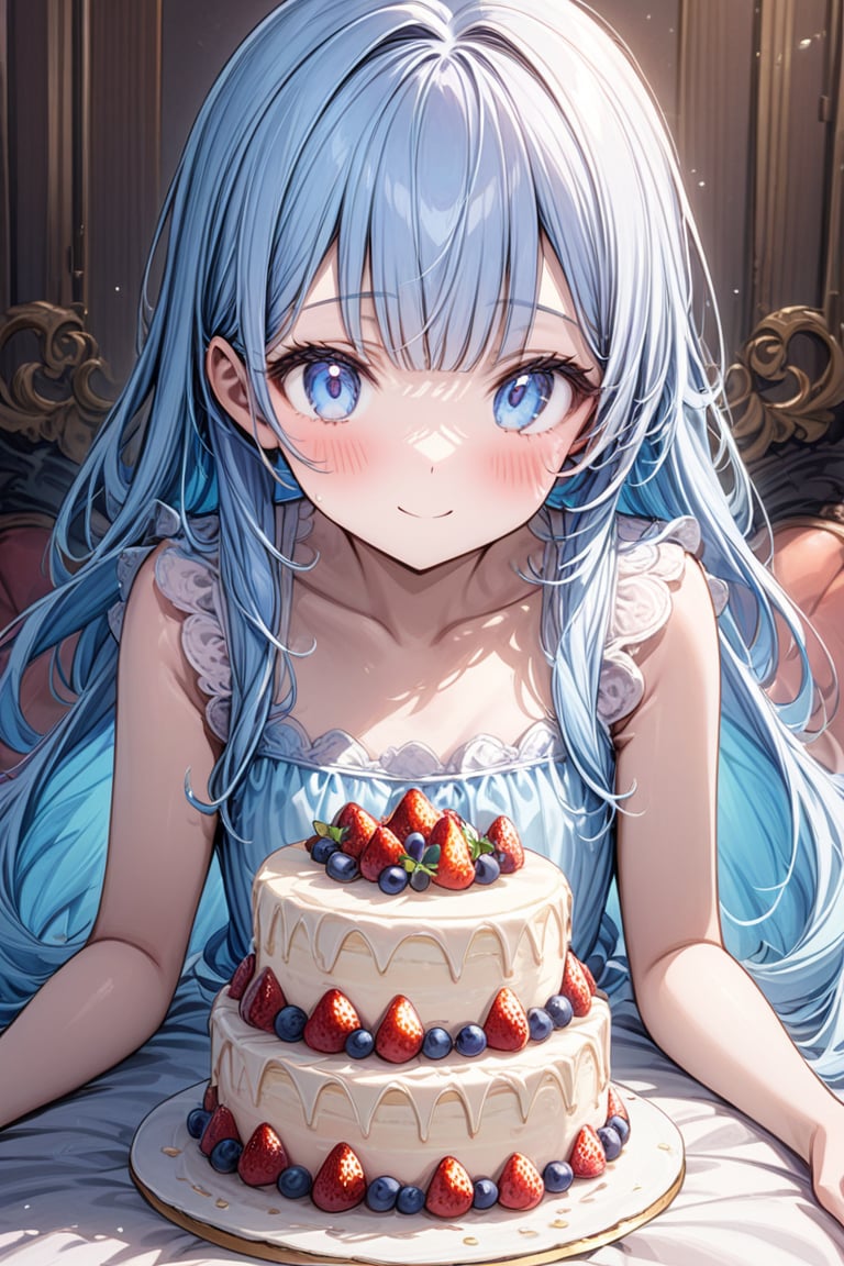 masterpiece, best quality, extremely detailed, (illustration, official art:1.1), 1 girl ,(((( light blue long hair)))), ,(((( light blue long hair)))),light blue hair, , long hair ((blush)) , cute face, big eyes, masterpiece, best quality,(((((a very delicate and beautiful girl))))),Amazing,beautiful detailed eyes,blunt bangs((((little delicate girl)))),tareme(true beautiful:1.2), sense of depth,dynamic angle,,,, affectionate smile, (true beautiful:1.2),,(tiny 1girl model:1.2),)(flat chest),orange Background. blue eyes. holding a cake with strawberries. summer. Flappers. birthday. present. background simple white
