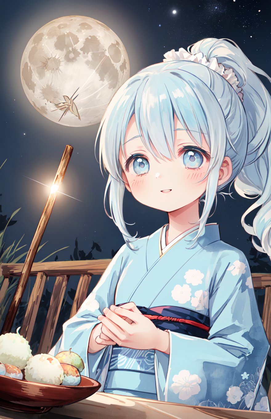 masterpiece, best quality, extremely detailed, (illustration, official art:1.1), 1 girl ,(((( light blue hair)))), ,(((( light blue long hair)))),light blue hair, ,((blush)) , cute face, big eyes, masterpiece, best quality,(((((a very delicate and beautiful girl))))),Amazing,beautiful detailed eyes,blunt bangs((((little delicate girl)))),(((tareme))),droopy eyes.(true beautiful:1.2), sense of depth,dynamic angle,,,, affectionate smile, (true beautiful:1.2),,(tiny 1girl model:1.2),)(flat chest),


, (White round dumplings piled up on a wooden plate), masterpiece, best quality, source_anime, , shiodare,On a full moon night, moon viewing, full moon, Japanese pampas grass, watercolor style, mysterious, yukata,, japanese style room, sitting,


rating_safe, (view from below:1.4), night sky, (big moon:1.4), face focus, upper body,
smile, half-closed eyes, parted lips, looking down,
BREAK
, loli,  ponytail, wavy hair, (hair between eyes:0.7), sideburns, flipped hair, (aqua scrunchie:1.0),
outdoors, (night:1.2),, a vase of Japanese pampas grass on either side of the jugoya bun on a plate is offered to