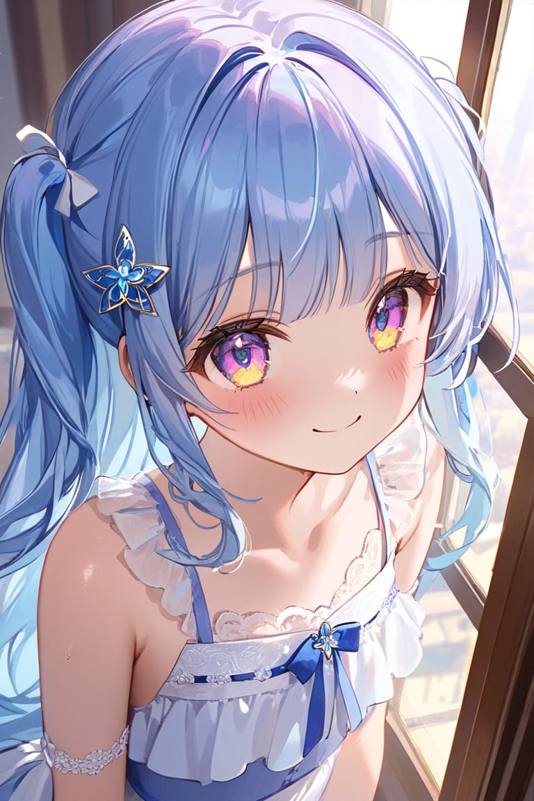  asterpiece, best quality, extremely detailed, (illustration, official art: 1.1), 1 girl, (((light blue long hair))), ((light blue long hair))), ((light blue long hair))), light blue hair,, long hair ((blush)), cute face, big eyes, masterpiece, best quality, ((((a very delicate and beautiful girl)))), amazing, beautiful detailed eyes, blunt bangs (((little delicate girl)))), tareme (true beautiful: 1.2) , sense of depth, dynamic angle,,, affectionate smile, (true beautiful: 1.2), (tiny 1girl model: 1.2),) (flat chest), (masterpiece: 1.5, highest quality: 1.5), (((VaporWave Style, Decorated colored)) ), close-up, from above, cinematic angle, (((vanilla))), 1girl, solo, cute smile, jewelry decoration, the doll is a mess, decadent life, poles outside the window, morning glow outside the window,two side up