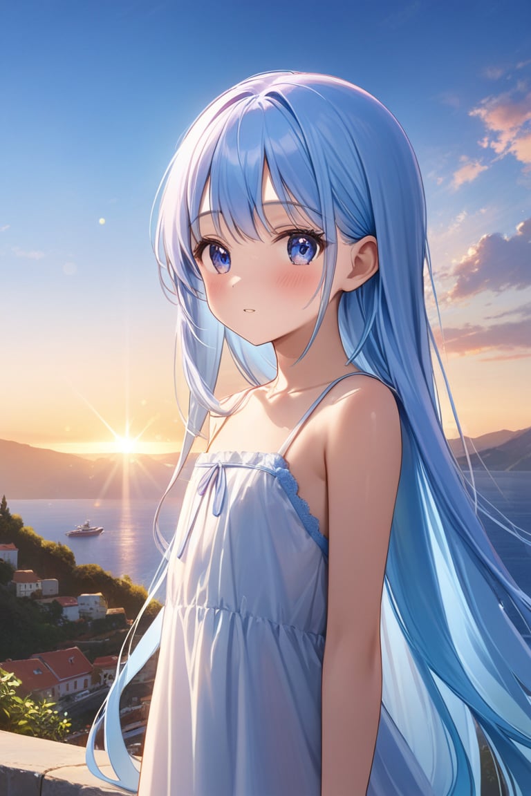 ((masterpiece, best quality, extremely detailed, absurdres)),, masterpiece, best quality, extremely detailed, ((((((light blue long hair)))))), long hair cute anime faces,detailed light,parted lips,shiny、beautiful detailed face,,longhair、(((( light blue long hair)))),,10 years old, , 1girl, solo, flat chest, blush, bangs, caramel、Perfect beautiful woman,masterpiece, best quality, ,flat chest, (flat chest), ((super photo realistic)), (masterpiece), illustration, ultra detailed, absurdres, 8k, details down to the smallest detail, Reflection, light bokeh effect, ((look at viewer)),

a small harbor town by the Aegean Sea where the mountains meet the ocean. (The town has beautiful white walls that follow the slopes of the hills). (A girl stands on top of a hill, looking down at the town below:1.2). She is wearing a summer dress. In her view, ((a beautiful sunrise shines brightly)), A beautiful summer day,

BREAK (produces images with information than 40 million pixels with cinematic-like detailed textures shot on a Sony SLR),
