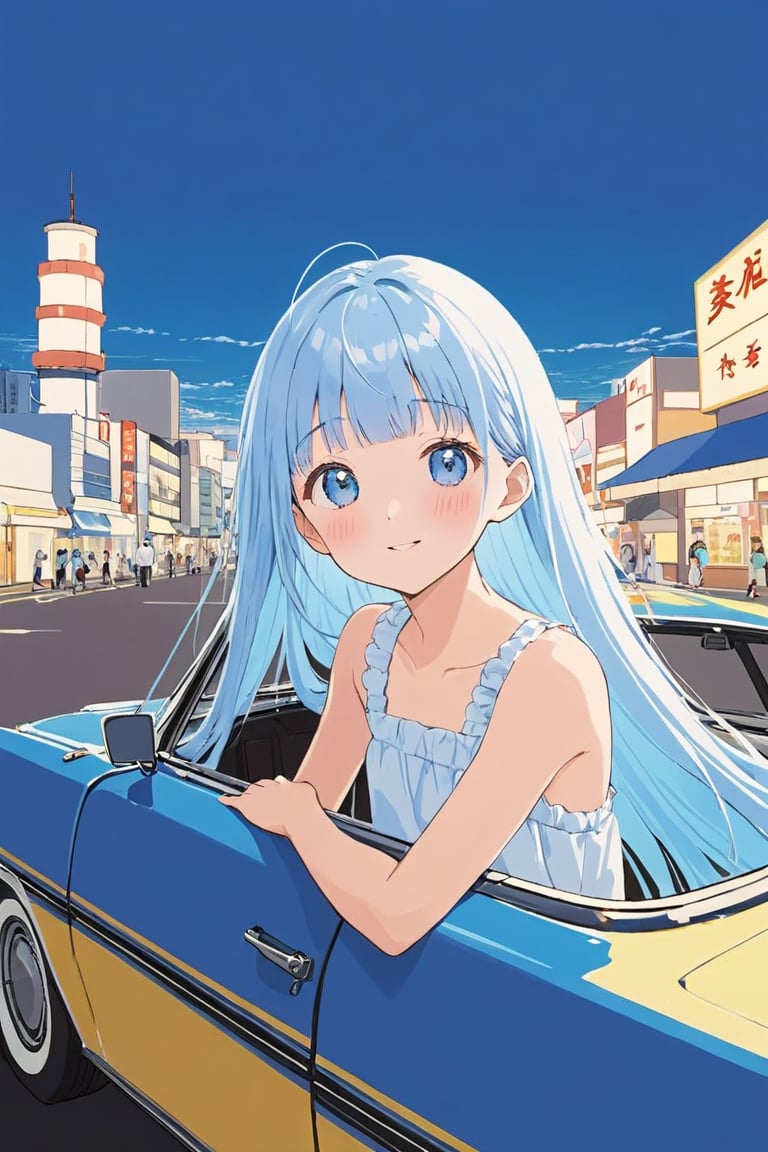 masterpiece, best quality, extremely detailed, (illustration, official art:1.1), 1 girl ,(((( light blue long hair)))), ,(((( light blue long hair)))),light blue hair, , long hair ((blush)) , cute face, masterpiece, best quality,(((((a very delicate and beautiful girl))))),Amazing,beautiful detailed eyes,blunt bangs((((little delicate girl)))),(((tareme))),droopy eyes.(true beautiful:1.2), sense of depth,dynamic angle,,,, affectionate smile, (true beautiful:1.2),,(tiny 1girl model:1.2),)(flat chest),masterpiece, best quality, beautiful detailed eyes, ultra-detailed, finely detail, highres, perfect anatomy, colorful, Pastel Colors, 1girl, solo, simple background, retro style, 1980s city pop, city pop anime, car, retoro style, 1980s fashion, cowboy shot, Kyoto Animation, sea, in summer, vivid colors
