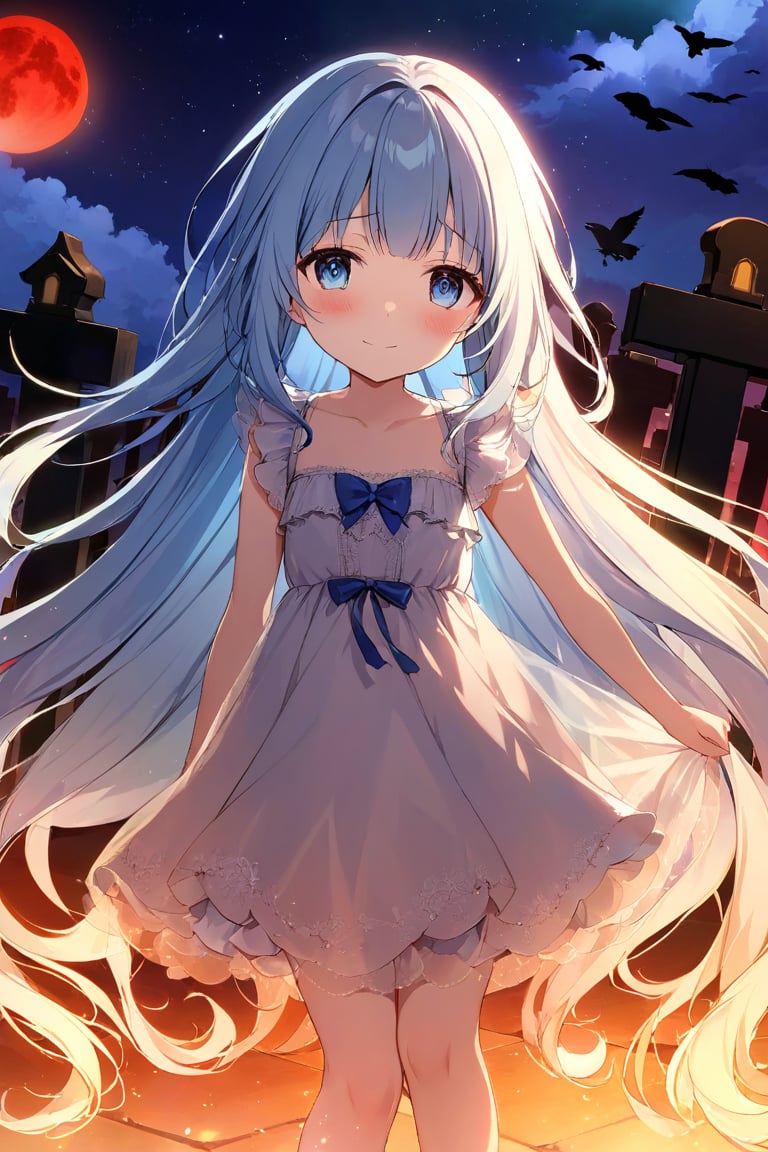 masterpiece, best quality, extremely detailed, (illustration, official art:1.1), 1 girl ,(((( light blue long hair)))), ,(((( light blue long hair)))),light blue hair, , long hair ((blush)) , cute face, masterpiece, best quality,(((((a very delicate and beautiful girl))))),Amazing,beautiful detailed eyes,blunt bangs((((little delicate girl)))),(((tareme))),droopy eyes.(true beautiful:1.2), sense of depth,dynamic angle,,,, affectionate smile, (true beautiful:1.2),,(tiny 1girl model:1.2),)(flat chest), A beautiful anime-style girl with long,,(((detailed)))Blue Eyes,Transparent hair,Face of Sadness,Sad beautiful girl,(((detailed)),(((detailed)))A beautiful immoral girl in a provocative black and grey dress,,(((detailed)))Full Body Shot,Crow,(((detailed)))dead tree,fog,Red Moon,Mysterious Flower,graveyard of darkness。