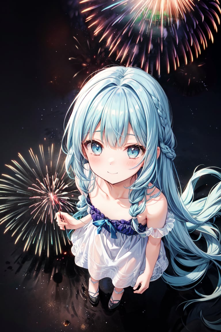 masterpiece, best quality, extremely detailed, (illustration, official art:1.1), 1 girl ,(((( light blue long hair)))), ,(((( light blue long hair)))),light blue hair, , long hair ((blush)) , cute face, big eyes, masterpiece, best quality,(((((a very delicate and beautiful girl))))),Amazing,beautiful detailed eyes,blunt bangs((((little delicate girl)))),tareme(true beautiful:1.2), sense of depth,dynamic angle,,,, affectionate smile, (true beautiful:1.2),,(tiny 1girl model:1.2),)(flat chest) ,((Fireworks display seen from a higher place:1.5)),(Lots of 10-shakudama fireworks fill the sky:1.53),Fireworks display beyond imagination,innocent smiles,Girl in the sky,Never seen,Seven colors,(1girl in),(Cute smile),(The clothes are intricate dresses with a white base:1.4),(Lots of light particles spin around the girl) ,(Best Impact:1.5), (maximalism:1.7),,Vivid contrast, (Realistic),,hyperrealistic illustrations,,hight resolution,,ultra-detailliert,,absurderes,(Fractal Art:1.3),Braided hairstyle,Gradient long hair,FULL BODYSHOT,Photographing the sky from below,Precise focus,randome pose,cinema4d,Drama
