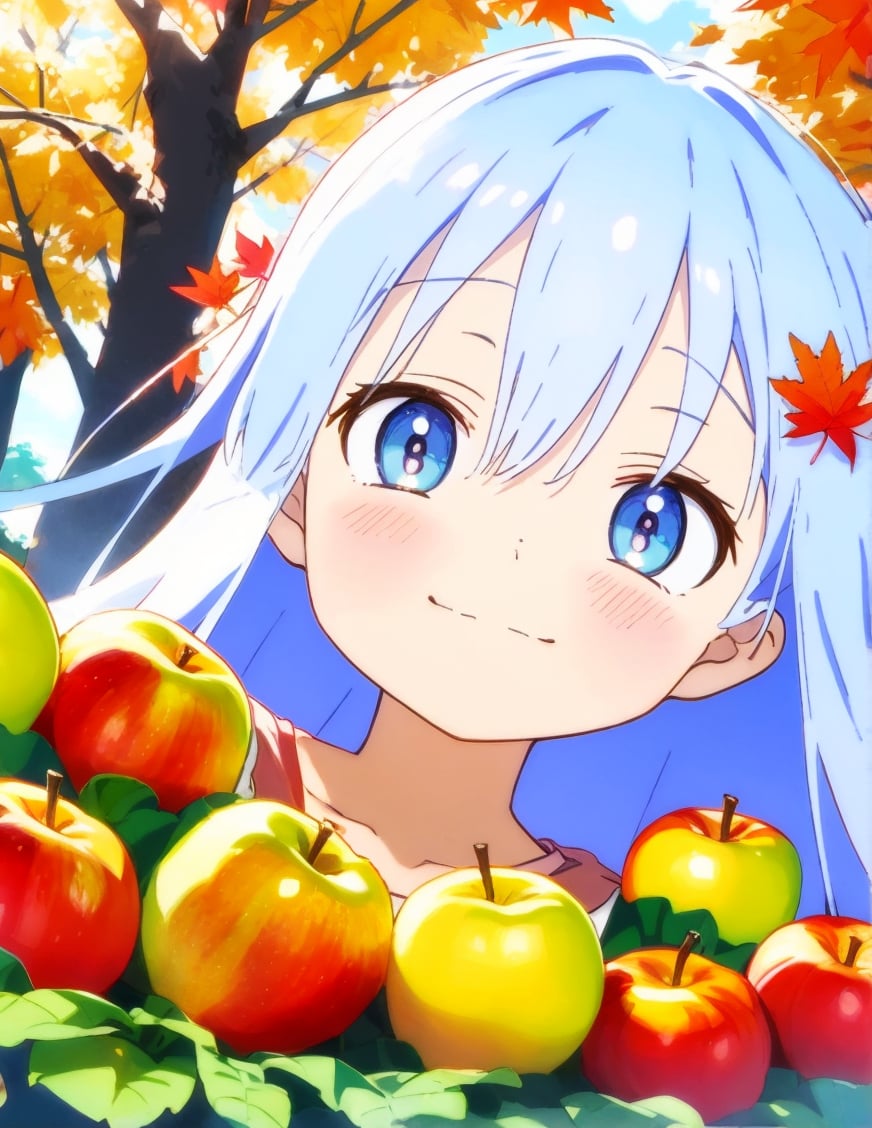 asterpiece, best quality, extremely detailed, (illustration, official art: 1.1), light blue long hair anime girl with apple basket,((((little delicate girl))))),(((tareme))), droopy eyes. (true beautiful:1.2), sense of depth,dynamic angle,,,, affectionate smile, (true beautiful:1.2),,(tiny 1girl model:1.2),)(flat chest), the goddess of autumn harvest, Official art , Autumn flowers , , official artwork, ,  , Anime visuals of cute girls, official illustrations 