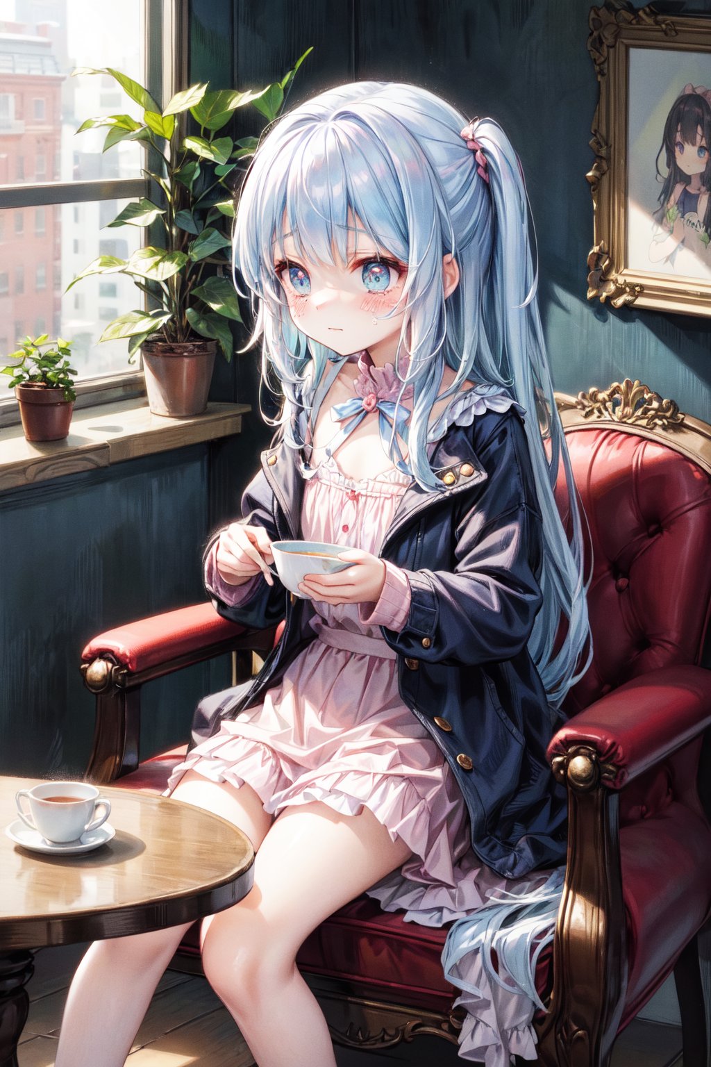  masterpiece, best quality, extremely detailed, (illustration, official art:1.1),,(((( light blue long hair)))),,((blush)) , cute face, masterpiece, best quality,(((((a very delicate and beautiful girl))))),Amazing,beautiful detailed eyes,blunt bangs((((little delicate girl)))),(((tareme))),droopy eyes.(true beautiful:1.2), sense of depth,dynamic angle,,,, (true beautiful:1.2),,(tiny 1girl model:1.2),)(flat chest),(masterpiece:1.2), best quality,PIXIV,flot, 1girl, solo, sitting, long hair, flower, chair, food, pink flower, cup, holding, long sleeves, pink skirt, rose, skirt, jacket, table, rose, indoors, blush, bangs, plant, holding cup, yellow jacket, profile, coat, long skirt, vase、looking away,tears