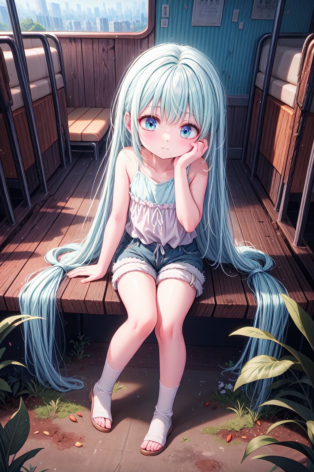 (masterpiece, best quality, extremely detailed, absurdres)), masterpiece, best quality, extremely detailed, (((light blue long hair))),light blue  hair, long hair cute anime faces, detailed light, parted lips, shiny, beautiful detailed face, long hair, pale long hair, smile, looking at viewer, jewelry, lips, beautiful, expressive face, 1girl, solo, flat chest, blush, bangs, super fine illustration, 8k wallpaper, (photo background: 1.3), beautiful, (vivid: 1.4), colorful lighting, breathtaking beauty, breathtaking art, (anime style: 1.3),raw photo,masterpiece, award winning, (abandoned amusement park:1.3), overgrown, misty morning, rusty roller coaster, faded colors, eerie silence,BREAKurban exploration, decay,full body, nature reclaiming, plant growth,evening, sunset,An abandoned amusement park at dusk, with rusting roller coasters and silent merry-go-rounds, overtaken by nature and crawling with ais-spiderz, creating a hauntingly beautiful yet eerie scene 、smile, happy、In an anime style, 1girl, blue eyes, wearing plain white tank top, denim shorts, garter belts, city, absurdres, high res, ultrasharp, 8K, masterpiece, looking at viewer,, tareme,Almond eye,loli,highres