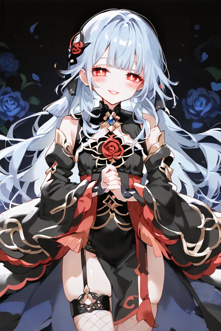 masterpiece, best quality, extremely detailed, (illustration, official art:1.1), 1 girl ,(((( light blue long hair)))), ,(((( light blue long hair)))),light blue hair, , long hair ((blush)) , cute face, big eyes, masterpiece, best quality,(((((a very delicate and beautiful girl))))),Amazing,beautiful detailed eyes,blunt bangs((((little delicate girl)))),tareme(true beautiful:1.2), sense of depth,dynamic angle,,,(((tareme))), affectionate smile, (true beautiful:1.2),,(tiny 1girl model:1.2)(flat chest) 、（dark atmosphere,gothic fashion,bright colors）,（best quality,Super exquisite,）,Sexy goth Vampire girl,In the rose garden at night,Beautiful and delicate eyes,Straight black light blue long hair with blue tips,Crow feathers,red lipstick,mysterious smile,Pale complexion,fishnet stockings,black dress,Pointed-toe bootysterious aura,The moonlight illuminates her elegant silhouette,Soft shadows and soft highlights,Contrasting colors create a vibrant atmosphere,dark and moody color palette,Subtle yet dramatic lighting effects,Sublime darkness intertwined with exquisite moonlight, She's tall and mature, red tone, beatiful pretty face
