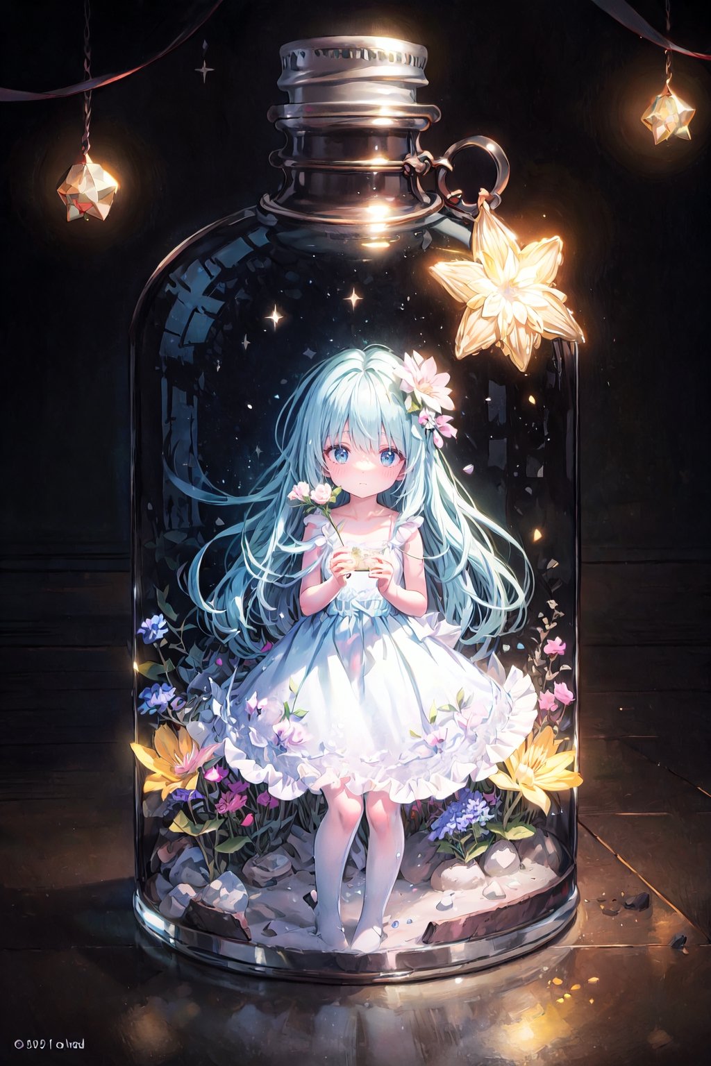 masterpiece, best quality, extremely detailed, (illustration, official art:1.1), 1 girl ,(((( light blue long hair)))), light blue hair, ,10 years old, long hair ((blush)) , cute face, big eyes, masterpiece, best quality,(((((a very delicate and beautiful girl))))),Amazing,beautiful detailed eyes,blunt bangs((((little delicate girl)))),tareme(true beautiful:1.2), sense of depth,dynamic angle,,,, affectionate smile, (true beautiful:1.2),,(tiny 1girl model:1.2),)(flat chest)),(Master photography:1.4),(Beautiful and delicate girl:1.2),Beautiful and delicate eyes,serene visuals,Wearing a broken flower skirt,Florist at night,Shop window,Flowers in full bloom,Quiet,(textured skin:1.3),(Hasselblad:1.2),ray tracing,(UHD:1.1),8k,purple and blue floral design on a clear glass container, graphic of enchanted terrarium, mythical floral hills, concept art magical highlight, fantasy sticker illustration, dreamscape in a jar, magical glow, ✨🕌🌙, omori, crystal forest, magically glowing, wonderland portal, jelly glow, moonlit starry sky environment, magical background, soft airbrushed artwork., Dried flowers inside a mansion,full body、(perfume bottle, colorful flower border, cosmic background, three-dimensional texture), ,JAR