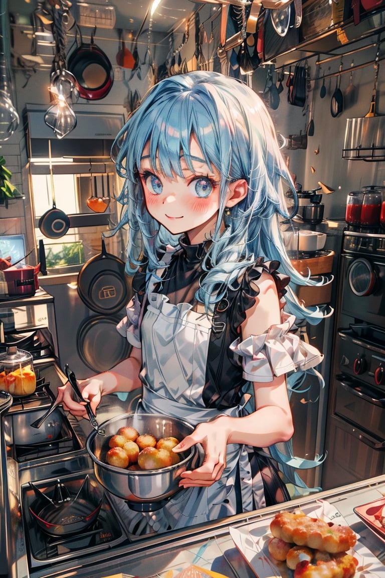 masterpiece, best quality, extremely detailed, (illustration, official art: 1.1), 1 girl,(((light blue long hair))),  ((blush)), cute face, big Eyes, masterpiece, best quality, (((a very delicate and beautiful girl))))), amazing, beautiful detailed eyes, blunt bangs ((((little delicate girl))), ((tareme))), droopy eyes. (true beautiful: 1.2), sense of depth, affectionate smile, (true beautiful: 1.2), (tiny 1girl model: 1.2),) (flat chest),score_9, score_8_up, score_7_up, score_6_up, , amazing quality, very aesthetic, ultra detailed face, anime, 1girl, solo, smile, shirt, apron, cooking, making croquettes, delicious croquettes, kitchen, Off-the-shoulder shirt、Young、, sweater dress:1.2, sidelocks,