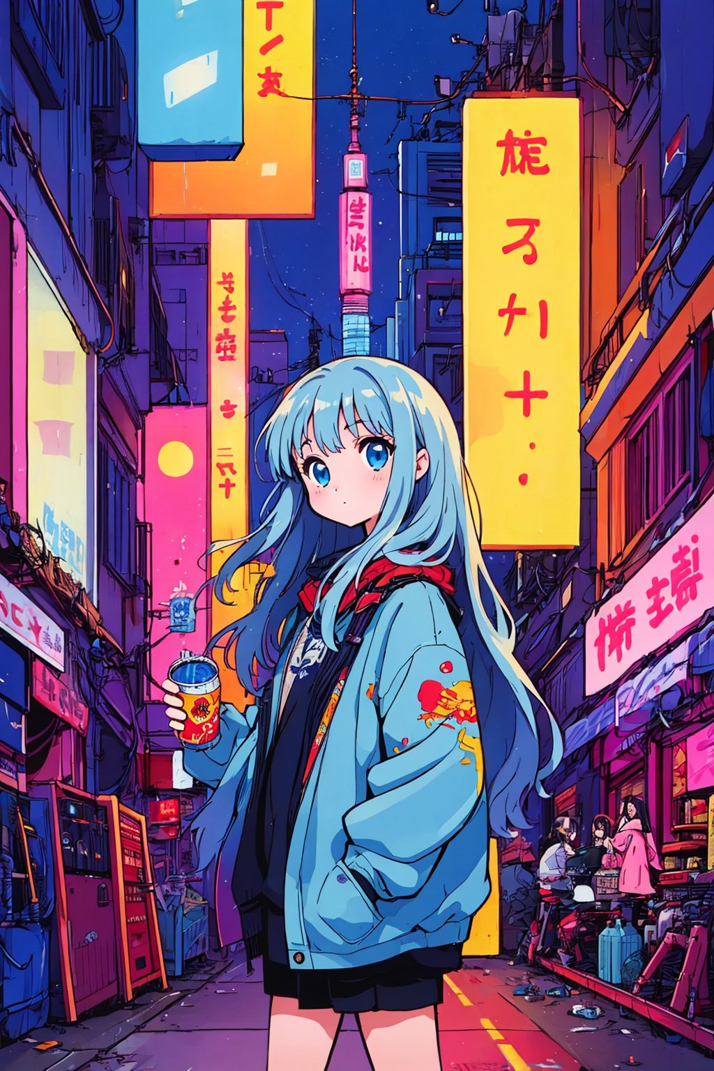  ,(((( light blue long hair)))), , (true beautiful:1.2),long hair,,10yo,,(tiny 1girl model:1.2), soda, Inspired by 90s anime, Cyberpunk City, praise, colorful, listen to music, Drinking alcohol