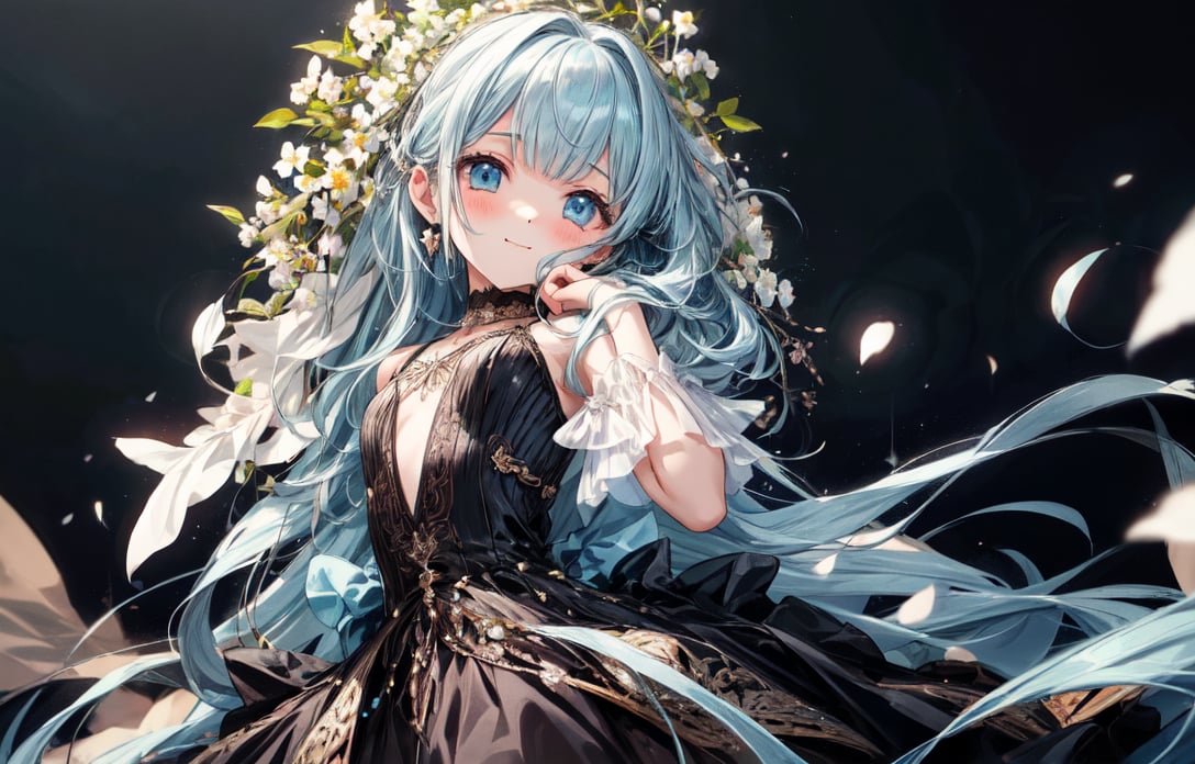 masterpiece, best quality, extremely detailed, (illustration, official art:1.1), 1 girl ,(((( light blue long hair)))), ,(((( light blue long hair)))),light blue hair, , long hair ((blush)) , cute face, big eyes, masterpiece, best quality,(((((a very delicate and beautiful girl))))),Amazing,beautiful detailed eyes,blunt bangs((((little delicate girl)))),tareme(true beautiful:1.2), sense of depth,dynamic angle,,,, affectionate smile, (true beautiful:1.2),,(tiny 1girl model:1.2),)(flat chest) ,(Girl with a flower  earring), 1 girl, solo, shine blue eyes, blue and yellow flower, Dark  dress, portrait, black background, Cinematic lighting, Chiaroscuro, Rembrandt portrait, The light and darkness of intense light and shadow, Overall dark brown and dull shades, dynamic lighting,,,((big flower earrings,Gypsophila)) 