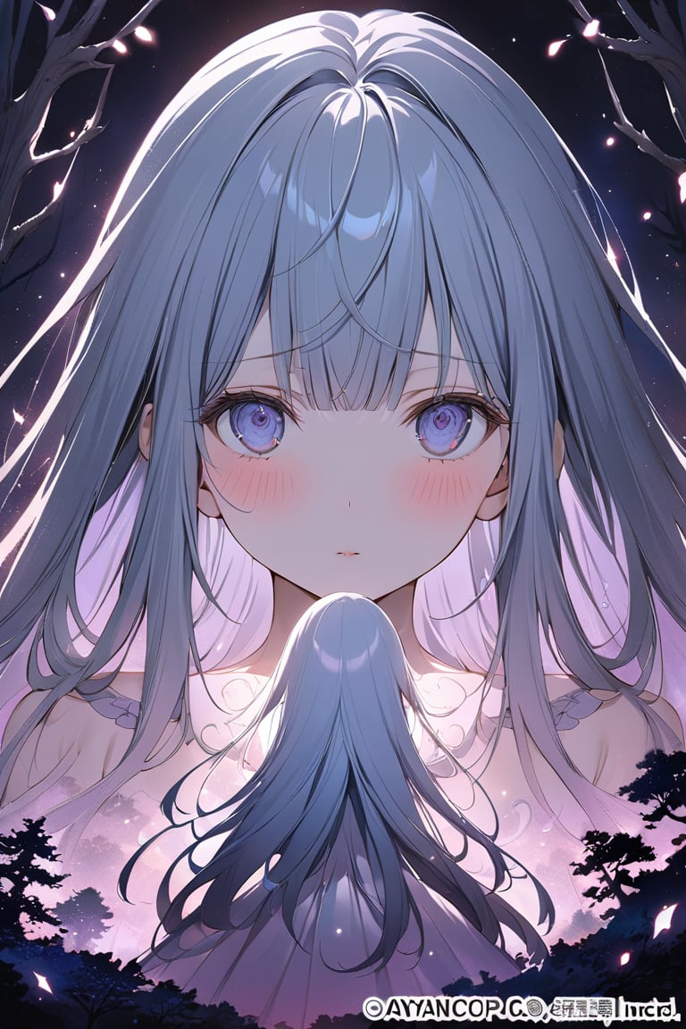 Masterpiece, best quality, extremely detailed, (illustration, official art: 1.1),(((1 girl))), ((light blue long hair))), light blue hair,, young, skinny,, (blush)), cute ((blush)) face, big eyes, tareme, masterpiece, best quality, (a very delicate and beautiful girl)))), flat chest, amazing, beautiful detailed eyes, blunt bangs (((little delicate girl)))), tareme ( True Beautiful: 1.2), , Optical Illusion, Black Light Art, Conceptual Artwork, by Arthur Rackham, (Best Qualityer, High Resolution, Ultra Detali), The Goddess , Brilliant Mystical Spells, A Haunted Forest, Orange and Purple Tones, Portraits, Bright Coloured, Extreme Detailed Description, Sharp Focus, Painfully Based Rendering, Studio Lighting, Horor, magical, mysterious atmosphere, swirling mist, ethereal glow, ancient trees, twisted branches, moonlit sky, mysterious shadows, mesmerizing, enchanting, hauntingly beautiful,
