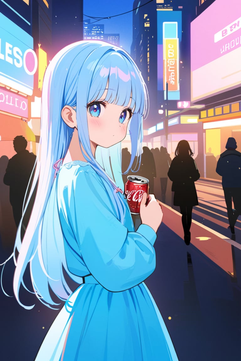 masterpiece, best quality, extremely detailed, (illustration, official art:1.1), ((( light blue long hair)))),light blue hair, , long hair ((blush)) , cute face, masterpiece, best quality,(((((a very delicate and beautiful girl))))),Amazing,beautiful detailed eyes,blunt bangs((((little delicate girl)))),(((tareme))),droopy eyes.(true beautiful:1.2), , (true beautiful:1.2),long hair,,10yo,,(tiny 1girl model:1.2),Pink and blue hair girl, soda, Inspired by 90s anime, Cyberpunk City, praise, colorful, listen to music, Pink Hair, Blue Hair、Drinking alcohol

