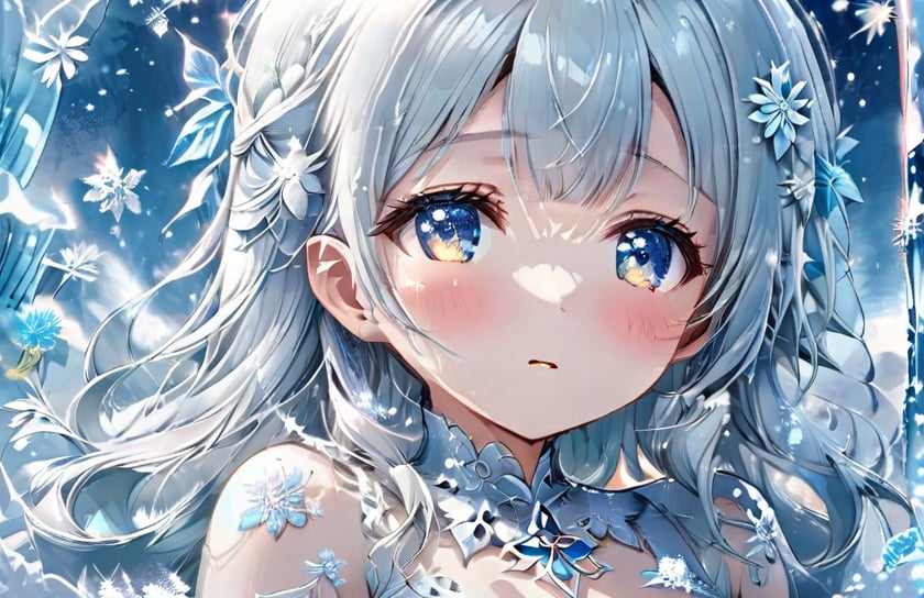 masterpiece, best quality, extremely detailed, (illustration, official art:1.1), 1 girl ,(((( light blue long hair)))), ,light blue hair, , long hair ((blush)) , cute face, masterpiece, best quality,(((((a very delicate and beautiful girl))))),Amazing,beautiful detailed eyes,blunt bangs((((little delicate girl)))),.(true beautiful), sense of depth,, ,(tiny 1girl model:1.2),)(flat chest),(adolescence girl), (loli, ), (white detailed princess dress with many frills), (close eyes), (beautiful and detailed face),( freezer, the princess lies in a peaceful slumber. She is surrounded by ice crystals, ) sleeping beauty, (ice flower),Great aesthetics, fantasy theme, Ice petals falling,(snow,iceTheme)、,A world covered in silver, Cold winter feel, Sleeping、Face close-up、light sparkles、soft contrast、Cool color
