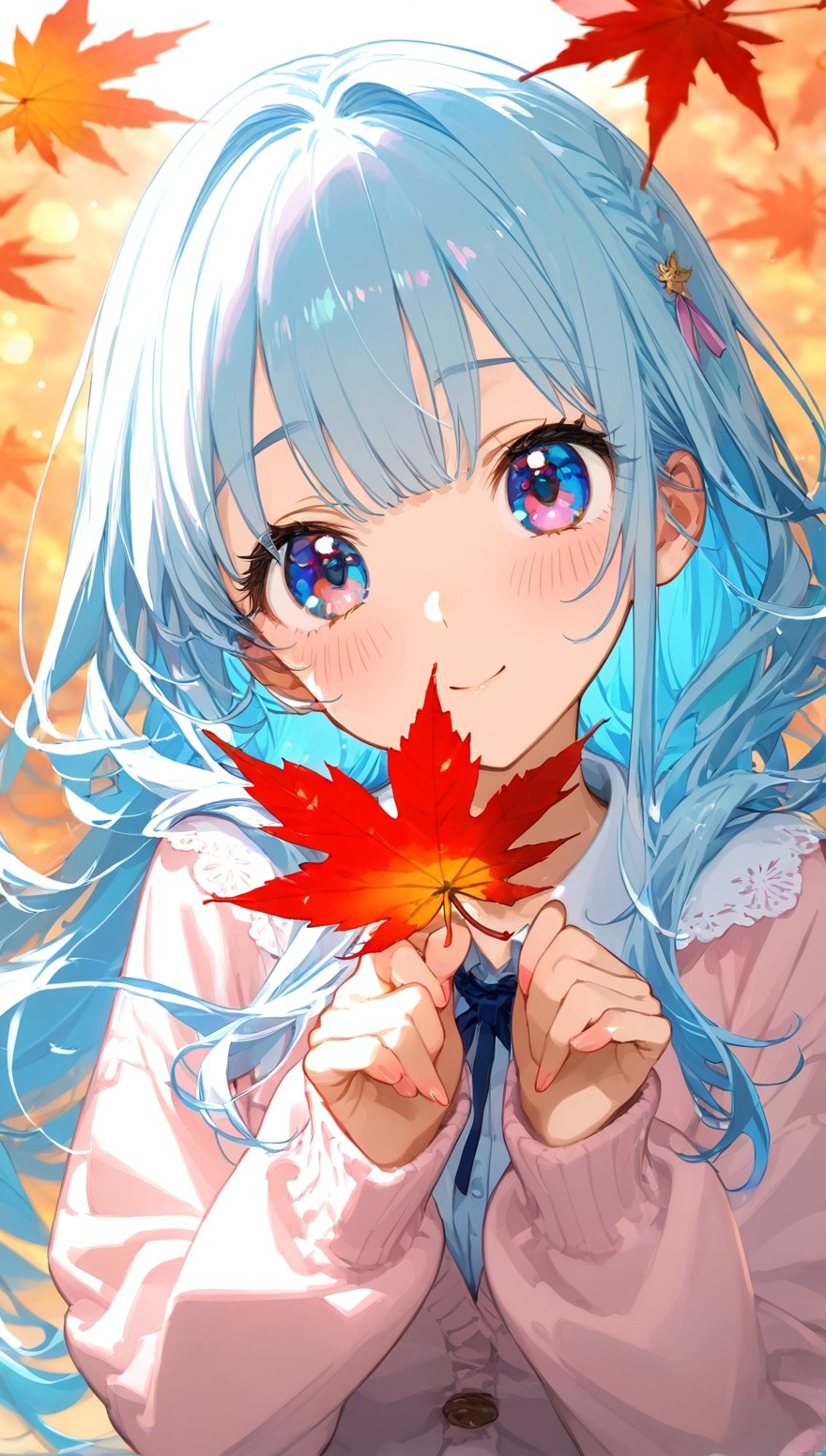  extremely detailed, (illustration, official art:1.1), 1 girl ,, ,(((( light blue long hair)))),light blue hair, ((iridescent hair, half blue and half pink hair: 1.2)),, long hair ((blush)) , cute face, big eyes, masterpiece, best quality,(((((a very delicate and beautiful girl))))),Amazing,beautiful detailed eyes,blunt bangs((((little delicate girl)))),(((tareme))),droopy eyes.(true beautiful:1.2), sense of depth,dynamic angle,,blurry, cardigan,,, affectionate smile, (true beautiful:1.2),,(tiny 1girl model:1.2),)(flat chest),amazing, beautiful detailed eyes, blunt bangs (((little delicate girl)))), tareme,, best quality,, absurdres, 1girl, solo,,, maple leaf,autumn leaves,,smile,leaf,holding leaf,hair ribbon,:o ,shy , (half open eyes), head tilt, embarrassed, blush,enbarrased,、((petite,,))),