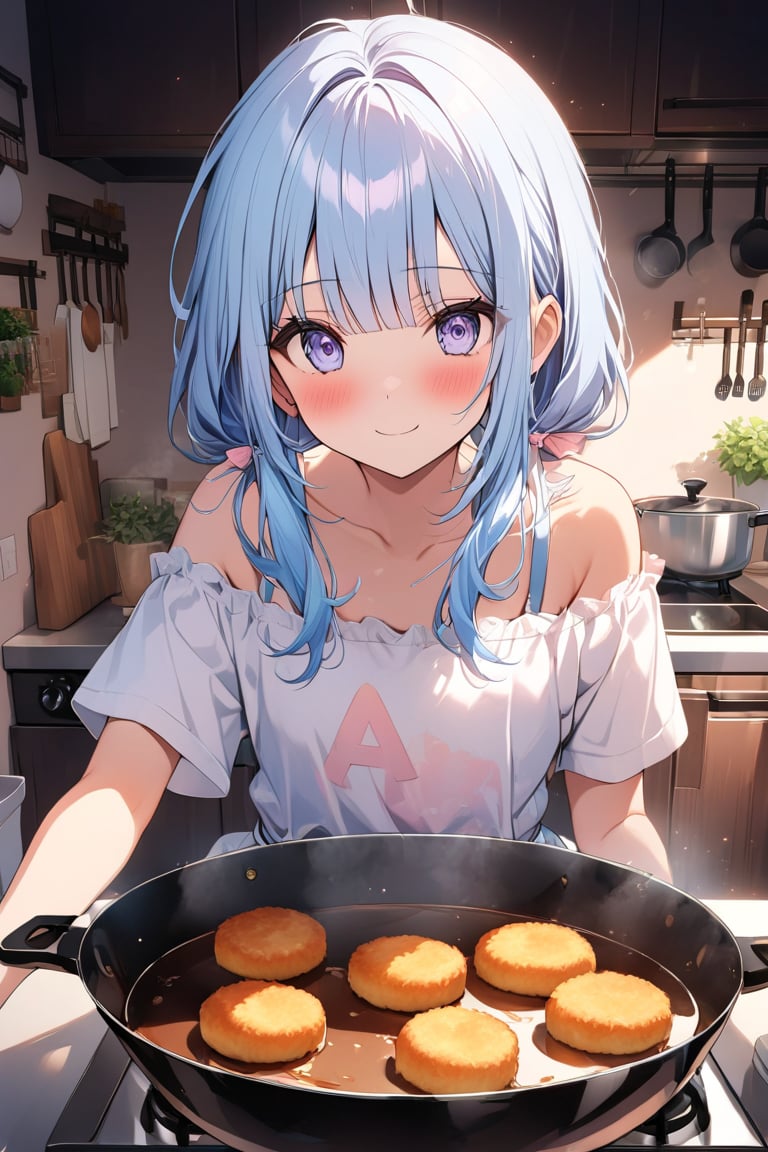 masterpiece, best quality, extremely detailed, (illustration, official art: 1.1), 1 girl, ((((light blue hair)))), (((light blue long hair))), light blue hair,, ((blush)), cute face, big Eyes, masterpiece, best quality, (((a very delicate and beautiful girl))))), amazing, beautiful detailed eyes, blunt bangs ((((little delicate girl))), ((tareme))), droopy eyes. (true beautiful: 1.2), sense of depth, affectionate smile, (true beautiful: 1.2), (tiny 1girl model: 1.2),) (flat chest),score_9, score_8_up, score_7_up, score_6_up, , amazing quality, very aesthetic, ultra detailed face, anime, 1girl, solo, smile, shirt, apron, cooking, making croquettes, delicious croquettes, kitchen, Off-the-shoulder shirt、Young、, sweater dress:1.2, sidelocks, 