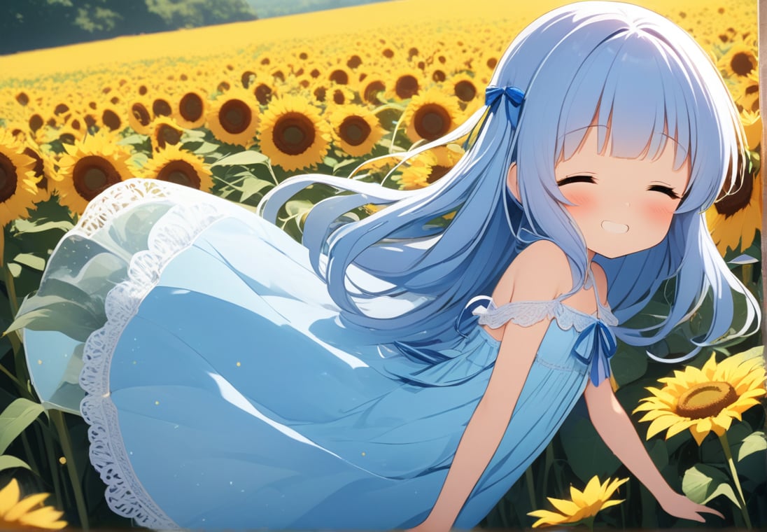 masterpiece, best quality, extremely detailed, (illustration, official art), 1 girl ,(((( light blue long hair)))), ,(((( light blue long hair)))),light blue hair, , long hair ((blush)) , cute face, masterpiece, best quality,(((((a very delicate and beautiful girl))))),Amazing,beautiful detailed eyes,blunt bangs((((little delicate girl)))),tareme(true beautiful:1.2), sense of depth,dynamic angle,,,, affectionate smile, (true beautiful:1.2),,(tiny 1girl model:1.2),)(flat chest) ,closed eyes, (masterpiece,high-quality,ultra detailed,8K,UHD,high-resolution,perfect anatomy,ultra complex and detiled), perfect anatomy, leaning forward, head tilt, standing, arms behind back, (little girl, petite:1.1),, (closed eyes:1.1), grin, embarrassed, blush, sunflower patterned dress, off shoulder, smile, flower, sunflower, flower field, field, dandelion, day, summer, solo, outdoors,
Opaque clothing