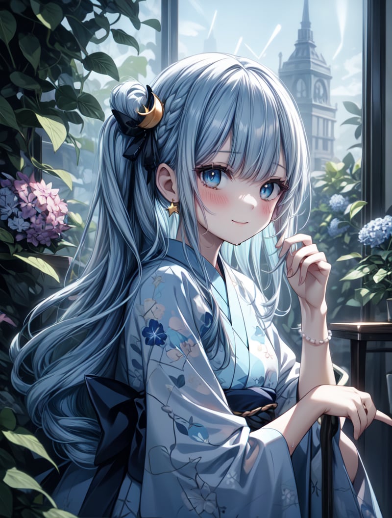 
masterpiece, best quality, extremely detailed, (illustration, official art:1.1), 1 girl ,(((( light blue long hair)))), ,(((( light blue long hair)))),light blue hair, , long hair ((blush)) , cute face, masterpiece, best quality,(((((a very delicate and beautiful girl))))),Amazing,beautiful detailed eyes,blunt bangs((((little delicate girl)))),(((tareme))),droopy eyes.(true beautiful:1.2), sense of depth,dynamic angle,,,, affectionate smile, (true beautiful:1.2),,(tiny 1girl model:1.2),)(flat chest), "A woman in a beautiful white yukata with hydrangea patterns. The obi of the yukata is pink and adorned with shining pearl accessories. The background features fireworks lighting up the dark night sky with vibrant colors, beautifully illuminating her."colored inner hair, side ponytail, hair one side up, shiny hair, wet hair, tied hair, low-braided long hair, lone nape hair, kanzashi, star hair ornament, bunny hair ornament, musical note hair ornament, multicolored eyes, aqua eyes, gradient eyes, gradient_eyes, longeyelashes, solid circle eyes, crescent earrings, glint, happy, laughing, Surrealism, anime, sparkle, 8k, super detail, UHD, accurate, masterpiece, anatomically correct, textured skin, super detail, high details, high quality, award winning, best quality, highres