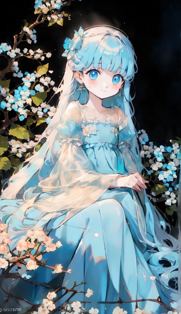 masterpiece, best quality, extremely detailed, (illustration, official art:1.1), 1 girl ,(((( light blue long hair)))), ,(((( light blue long hair)))),light blue hair, , long hair ((blush)) , cute face, big eyes, masterpiece, best quality,(((((a very delicate and beautiful girl))))),Amazing,beautiful detailed eyes,blunt bangs((((little delicate girl)))),tareme(true beautiful:1.2), sense of depth,dynamic angle,,,, affectionate smile, (true beautiful:1.2),,(tiny 1girl model:1.2),)(flat chest) ,(Girl with a flower  earring), 1 girl, solo, shine blue eyes, blue and yellow flower, Dark  dress, portrait, black background, Cinematic lighting, Chiaroscuro, Rembrandt portrait, The light and darkness of intense light and shadow, Overall dark brown and dull shades, dynamic lighting,,,((big flower earrings,Gypsophila)) 