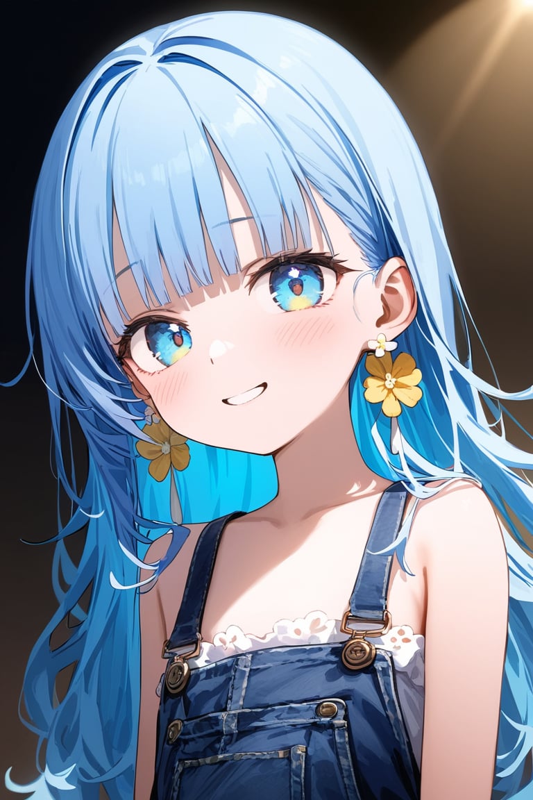 masterpiece, best quality, extremely detailed, (illustration, official art:1.1), 1 girl ,(((( light blue long hair)))), ,(((( light blue long hair)))),light blue hair, , long hair ((blush)) , cute face, big eyes, masterpiece, best quality,(((((a very delicate and beautiful girl))))),Amazing,beautiful detailed eyes,blunt bangs((((little delicate girl)))),tareme(true beautiful:1.2), sense of depth,dynamic angle,,,, affectionate smile, (true beautiful:1.2),,(tiny 1girl model:1.2),)(flat chest) ,(Girl with a flower  earring), 1 girl, solo, shine blue eyes, blue and yellow flower, Dark  dress, portrait, black background, Cinematic lighting, Chiaroscuro, Rembrandt portrait, The light and darkness of intense light and shadow, Overall dark brown and dull shades, dynamic lighting,,,((big flower earrings,Gypsophila)) 