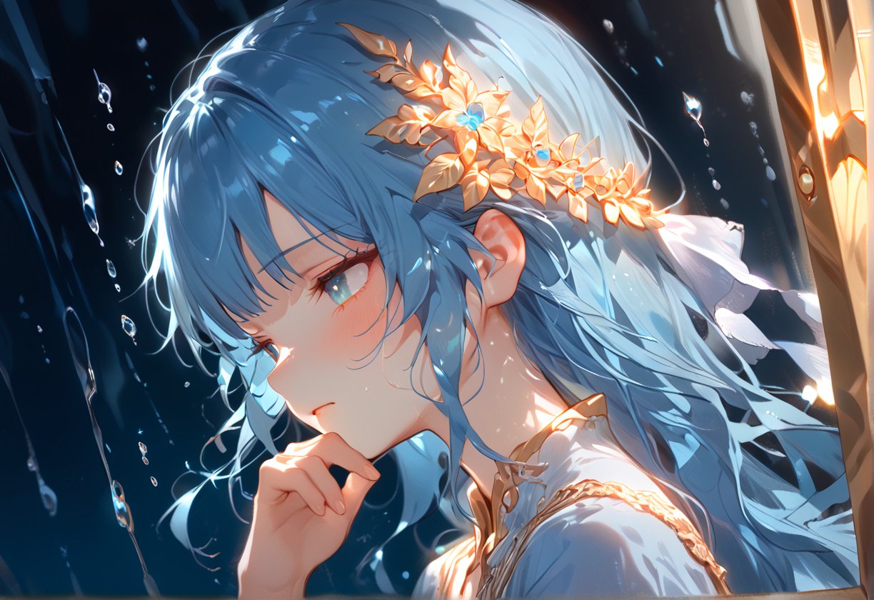 masterpiece, best quality, extremely detailed, (illustration, official art:1.1), 1 girl ,(((( light blue long hair)))), ,(((( light blue long hair)))),light blue hair, , long hair ((blush)) , cute face,half close eye, masterpiece, best quality,(((((a very delicate and beautiful girl))))),Amazing,beautiful detailed eyes,blunt bangs((((little delicate girl)))),(true beautiful:1.2), sense of depth,dynamic angle,,,(((tareme))), (true beautiful:1.2),,(tiny 1girl model:1.2)(flat chest) 、Upper body close-up（((masterpiece), Perfect face, beautiful eyes, clean facial features, she sits by the window in a dark room,  the rain pouring outside. Her expression carries a sense of loneliness and quiet reflection, with soft light from the window faintly illuminating her face(((. The raindrops sliding down the glass seem to mirror her emotions, )))creating a melancholy and serene atmosphere throughout the scene."、(((((looking down,looking away,Look away))))),empty eyes	、,Intricate details,Extremely detailed,Outstanding intricacies,(Masterpiece:1.2),(Best quality:1.2),(Absurdres absolutely resolution:1.4)、wide vew