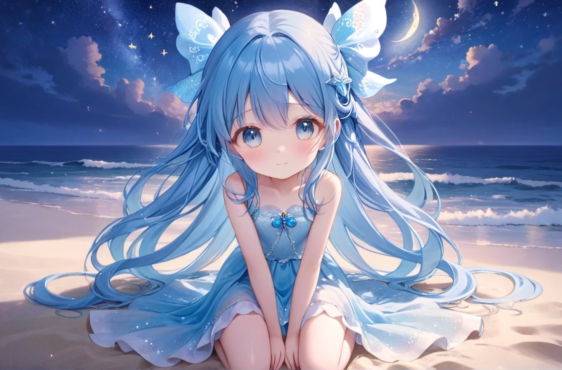 masterpiece, best quality, extremely detailed, (illustration, official art:1.1), 1 girl ,(((( light blue long hair)))), ,(((( light blue long hair)))),light blue hair, , long hair ((blush)) , cute face, big eyes, masterpiece, best quality,(((((a very delicate and beautiful girl))))),Amazing,beautiful detailed eyes,blunt bangs((((little delicate girl)))),tareme(true beautiful:1.2), sense of depth,dynamic angle,,,, affectionate smile, (true beautiful:1.2),,(tiny 1girl model:1.2),)(flat chest) ,A breathtaking scene unfolds as the moonlight casts a luminous glow on a deserted beach, painting the sky with a tapestry of twinkling stars. At the center of this ethereal moment, A young woman with long hair cascades sits in deep meditation. Its tranquil presence evokes a sense of inner peace and serenity amidst the vastness of the empty coast.

The girl's silhouette stands out against the backdrop of darkness, his serene expression bathed in soft moonlight. Long pink tentacles of cascade down the back, intertwined with the gentle sea breeze that caresses his face. Your closed eyes indicate a deep connection to the universe, as if his own thoughts harmonized with the whispers of the ocean waves. 