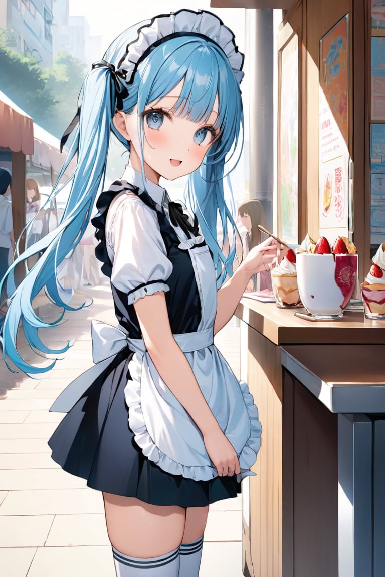 masterpiece, best quality, extremely detailed, (illustration, official art: 1.1), 1 girl, (((light blue long hair))), ((blush)), cute face, big Eyes, masterpiece, best quality, (((a very delicate and beautiful girl))))), amazing, beautiful detailed eyes, blunt bangs ((((little delicate girl))), ((tareme))), droopy eyes. (true beautiful: 1.2), sense of depth, affectionate smile, (true beautiful: 1.2), (tiny 1girl model: 1.2), (flat chest),pop art,,from side,Super hyper Miracle delicious cream crepe,take cream,,(((strawberry crepe))),Twinkle eyes widen,open mouth widen,oral cavity,dripping cream、white shoulder bag, maid, apron, garter ring,medium skirt, high-thigh socks, headdress, twin tails, frill, ribbon, hair scrunchie, downtown, look at viewer,classroom,White lace shirt,Food stalls, cultural festivals,signboard,Graffiti board
