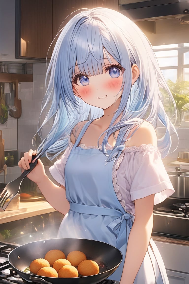 masterpiece, best quality, extremely detailed, (illustration, official art: 1.1), 1 girl, ((((light blue hair)))), (((light blue long hair))), light blue hair,, ((blush)), cute face, big Eyes, masterpiece, best quality, (((a very delicate and beautiful girl))))), amazing, beautiful detailed eyes, blunt bangs ((((little delicate girl))), ((tareme))), droopy eyes. (true beautiful: 1.2), sense of depth, affectionate smile, (true beautiful: 1.2), (tiny 1girl model: 1.2),) (flat chest),score_9, score_8_up, score_7_up, score_6_up, , amazing quality, very aesthetic, ultra detailed face, anime, 1girl, solo, smile, shirt, apron, cooking, making croquettes, delicious croquettes, kitchen, Off-the-shoulder shirt、Young、