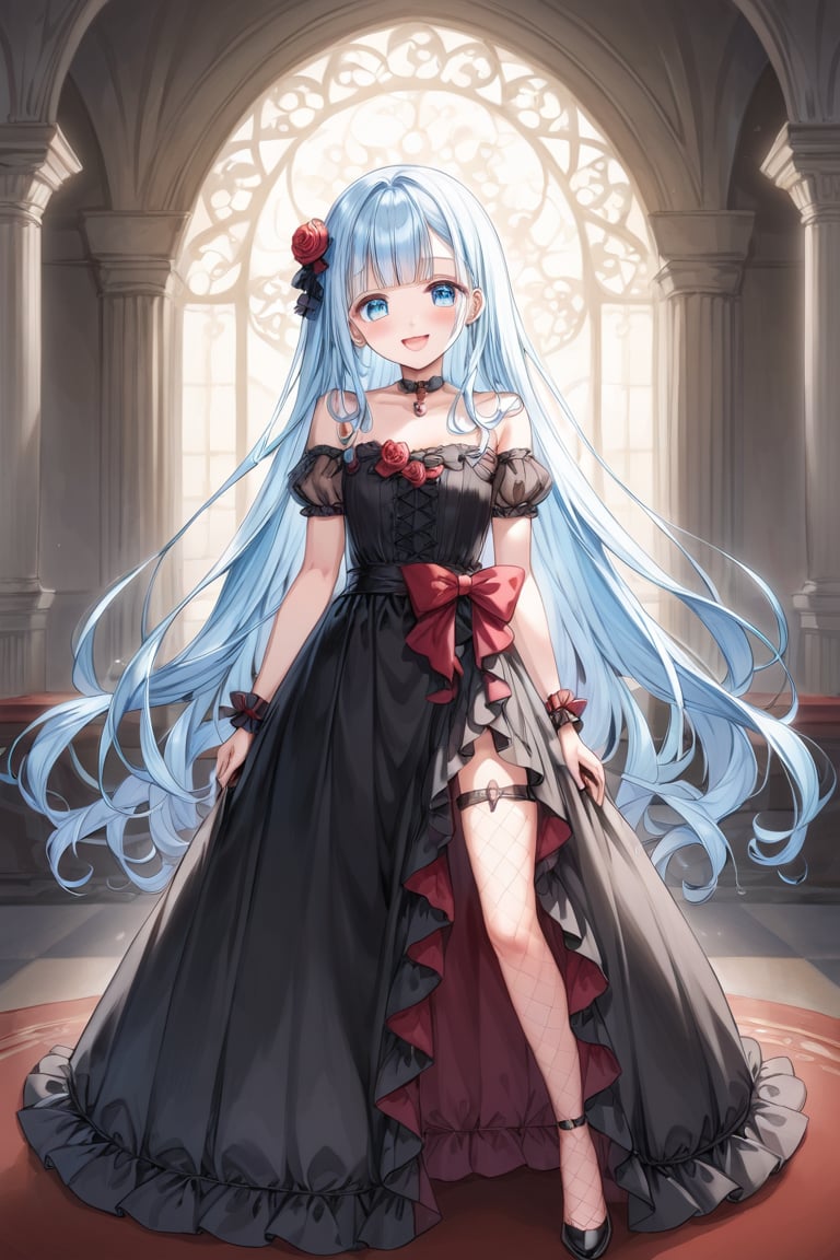 
masterpiece, best quality, extremely detailed, (illustration, official art:1.1), 1 girl ,(((( light blue long hair)))), ,(((( light blue long hair)))),light blue hair, , long hair ((blush)) , cute face, big eyes, masterpiece, best quality,(((((a very delicate and beautiful girl))))),Amazing,beautiful detailed eyes,blunt bangs((((little delicate girl)))),tareme(true beautiful:1.2), sense of depth,dynamic angle,,,(((tareme))), affectionate smile, (true beautiful:1.2),,(tiny 1girl model:1.2)(flat chest) 、（dark atmosphere,gothic fashion,bright colors）,（best quality,Super exquisite,）,Sexy goth Vampire girl,In the rose garden at night,Beautiful and delicate eyes,Straight black light blue long hair with blue tips,Crow feathers,red lipstick,mysterious smile,Pale complexion,fishnet stockings,black dress,Pointed-toe bootysterious aura,The moonlight illuminates her elegant silhouette,Soft shadows and soft highlights,Contrasting colors create a vibrant atmosphere,dark and moody color palette,Subtle yet dramatic lighting effects,Sublime darkness intertwined with exquisite moonlight, She's tall and mature, red tone, beatiful pretty face

