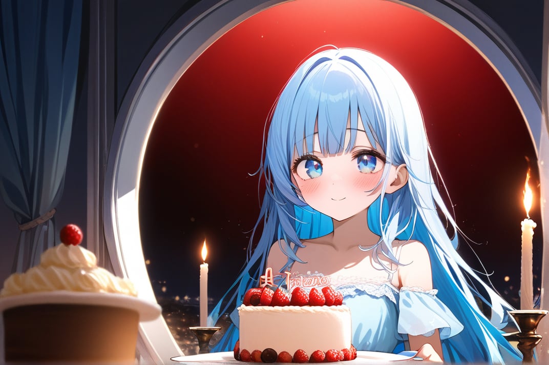 masterpiece, best quality, extremely detailed, (illustration, official art:1.1), 1 girl ,(((( light blue long hair)))), ,(((( light blue long hair)))),light blue hair, , long hair ((blush)) , cute face, masterpiece, best quality,(((((a very delicate and beautiful girl))))),Amazing,beautiful detailed eyes,blunt bangs((((little delicate girl)))),(((tareme))),droopy eyes.(true beautiful:1.2), sense of depth,dynamic angle,,,, affectionate smile, (true beautiful:1.2),,(tiny 1girl model:1.2),)(flat chest),1Young girl,,Off-shoulder dress,Navel,Round Table,Birthday Cake,Make a Wish,night,Beautiful red light,Candle,Casual Dresses,dinner time,Special　dinner