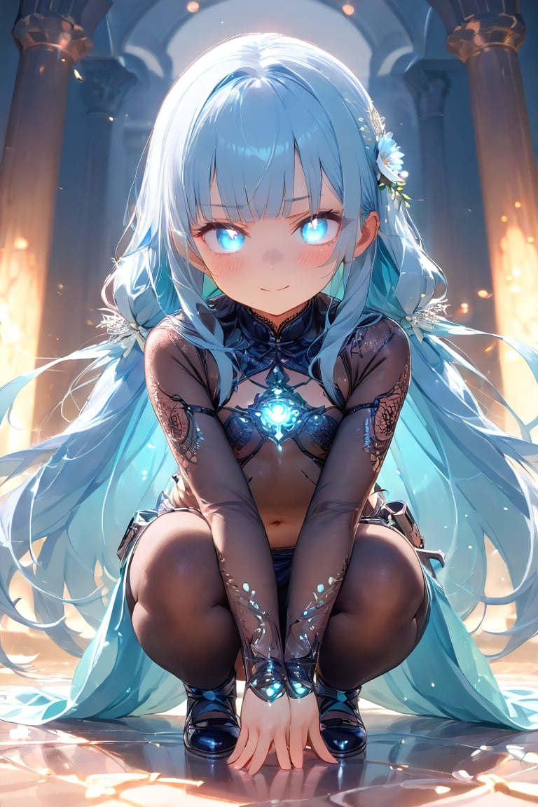 masterpiece, best quality, extremely detailed, (illustration, official art:1.1), 1 girl ,(((( light blue long hair)))), ,(((( light blue long hair)))),light blue hair, , long hair ((blush)) , cute face, big eyes, masterpiece, best quality,(((((a very delicate and beautiful girl))))),Amazing,beautiful detailed eyes,blunt bangs((((little delicate girl)))),tareme(true beautiful:1.2), sense of depth,dynamic angle,,,, affectionate smile, (true beautiful:1.2),,(tiny 1girl model:1.2),)(flat chest) ,flat color,2d,super fine illustration,{{{amazing quality}}},{{{{{ai-generated}}}},beautiful artwork style,masterpiece,best quality,very aesthetic,{{{{ultra detaile}}}},absurdres, low twintails, narrowed eyes, , holding sword,sheath on back,Aggressive movement,intense movement,loli,very serious, during the battle,full of speed, navel,{{{{{{dynamic angle}}}}}},,{{{{{ see-through Niqab}}}}},glowing eyes, squatting, ,howl, bio lab, cyberpunk, meck hand, meck eyes,