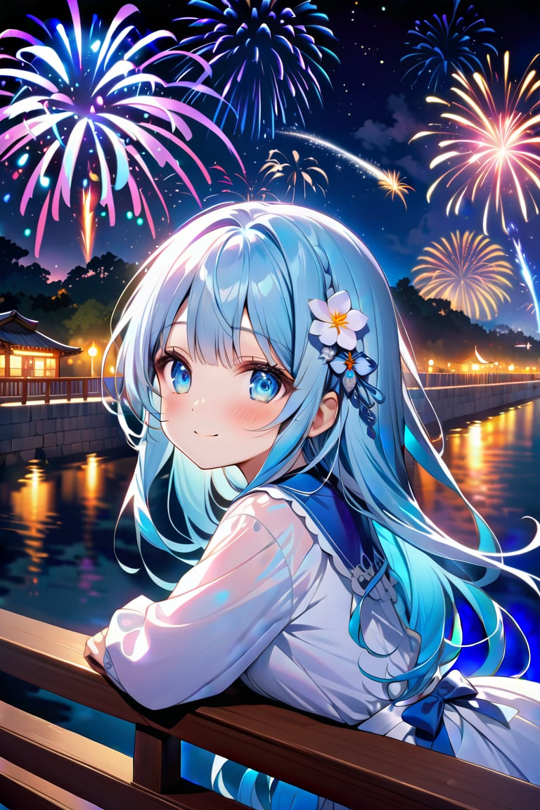 masterpiece, best quality, extremely detailed, (illustration, official art:1.1), 1 girl ,(((( light blue long hair)))), ,(((( light blue long hair)))),light blue hair, , long hair ((blush)) , cute face, big eyes, masterpiece, best quality,(((((a very delicate and beautiful girl))))),Amazing,beautiful detailed eyes,blunt bangs((((little delic,masterpiece, best quality,8k, ultra highres,The city is immersed in darkness late at night,Starlight dots the sky,Reflecting the darkness of the night。In this quiet and silent night,Brilliant fireworks begin to bloom,Lights up the whole city。 From a distance,A magnificent bridge spans the shining river,The bridge is covered with fireworks with a soft glow。Each firework emits a colorful light,Cut across the night sky like a shooting star,Shoot into the boundless darkness。 Along both sides of the bridge,High-rise buildings stand like giants in the city。Under this brilliant night view,The building's glass windows reflect colorful fireworks,It was as if the stars had fallen to earth。The illuminated city becomes even more colorful against the backdrop of fireworks。 Pedestrians passing by the bridge stopped one after another,Look up at the fireworks in the sky,Leave behind beautiful figures and mingle with fleeting fireworks。Their faces were filled with cheerful and contented smiles,It's as if you're in a world that belongs entirely to fireworks。 And on the surface of the river,An old boat slowly sailed by。People on board watch the brilliant fireworks on the water,Felt the romantic atmosphere。Lights are reflected on the water,Illuminated the perimeter of the boat,Make the whole scene even more magnificent。 The whole night is shrouded in the splendor of this fireworks,It brings a mysterious and fantastical atmosphere。The sound of fireworks flying echoed in the air,It brings a shocking feeling。Each firework has its own special shape and color,They bloom in the night sky、disappear,It was as if it were a brevity about the brevity of life。
