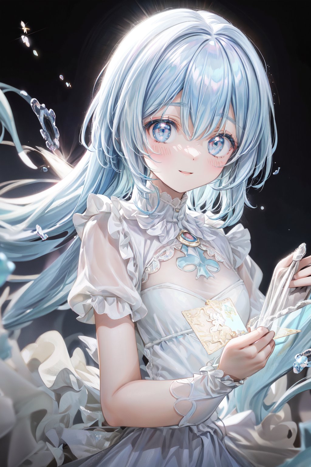 (illustration, official art:1.1), 1 girl ,(((( light blue hair)))), ,(((( light blue long hair)))),light blue hair, ,((blush)) , cute face, big eyes, masterpiece, best quality,(((((a very delicate and beautiful girl))))),Amazing,beautiful detailed eyes,blunt bangs((((little delicate girl)))),(((tareme))),droopy eyes.(true beautiful:1.2), sense of depth,dynamic angle,,,, affectionate smile, (true beautiful:1.2),,(tiny 1girl model:1.2),A high-quality hologram card depicting an anime-style girl, with glitter, mother-of-pearl, and a black background around the card, clear coloring, and colorful
