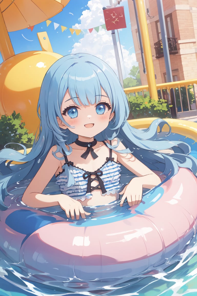 masterpiece, best quality, extremely detailed, (illustration, official art:1.1), 1 girl ,(((( light blue long hair)))), ,(((( light blue long hair)))),light blue hair, , long hair ((blush)) , cute face, big eyes, masterpiece, best quality,(((((a very delicate and beautiful girl))))),Amazing,beautiful detailed eyes,blunt bangs((((little delicate girl)))),tareme(true beautiful:1.2), sense of depth,dynamic angle,,,, affectionate smile, (true beautiful:1.2),,(tiny 1girl model:1.2),)(flat chest), score_9, score_8_up, score_7_up, source_anime,masterpiece, best quality, high resolution, extremely detailed CG, absurdres, highres, A dreamy water playground, and the girl in swimsuit is sliding down the water slide, very happy, neondskdrmsxl