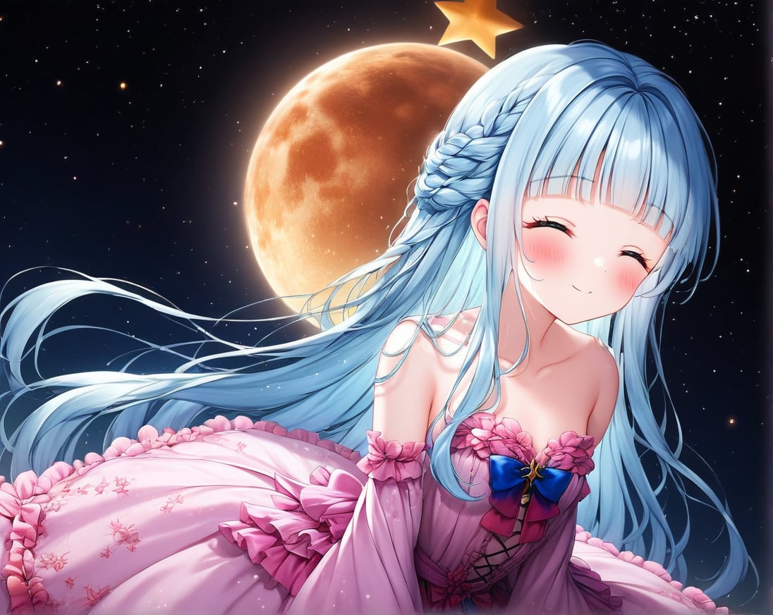 masterpiece, best quality, extremely detailed, (illustration, official art:1.1), 1 girl ,(((( light blue long hair)))), ,(((( light blue long hair)))),light blue hair, , long hair ((blush)) , cute face, big eyes, masterpiece, best quality,(((((a very delicate and beautiful girl))))),Amazing,beautiful detailed eyes,blunt bangs((((little delicate girl)))),tareme(true beautiful:1.2), sense of depth,dynamic angle,,,, affectionate smile, (true beautiful:1.2),,(tiny 1girl model:1.2),)(flat chest) ,A breathtaking scene unfolds as the moonlight casts a luminous glow on a deserted beach, painting the sky with a tapestry of twinkling stars. At the center of this ethereal moment, A young woman with long hair cascades sits in deep meditation. Its tranquil presence evokes a sense of inner peace and serenity amidst the vastness of the empty coast. The girl's silhouette stands out against the backdrop of darkness, his serene expression bathed in soft moonlight. Long pink tentacles of cascade down the back, intertwined with the gentle sea breeze that caresses his face. Your closed eyes indicate a deep connection to the universe, as if his own thoughts harmonized with the whispers of the ocean waves.((big moon )))