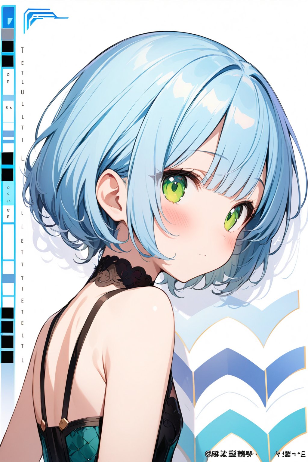 masterpiece, best quality, extremely detailed, (illustration, official art:1.1), 1 girl ,(((( light blue hair)))), ,(((( light blue hair)))),light blue hair, ,((blush)) , cute face, big eyes, masterpiece, best quality,(((((a very delicate and beautiful girl))))),Amazing,beautiful detailed eyes,blunt bangs((((little delicate girl)))),(((tareme))),droopy eyes.(true beautiful:1.2), sense of depth,dynamic angle,,,, affectionate smile, (true beautiful:1.2),,(tiny 1girl model:1.2),)(flat chest),(masterpiece), (best quality), sharp focuse, (character design sheet, same character, profile side, back, close up), illustration, (detailed hair, detailed face, detailed features structure), ((1 woman, solo)), perfect feminine face, pose zitai, detailed design character, , shoulders length hair, ((green eyes, beautiful shapes of eyes)), black turtleneck outfit, (simple background, white background: 1.3)
、(character design sheet, same character, front, side, back),score_9,score_8_up,score_7_up,score_6_up,score_5_up, ,, highres,8k,official art, pale skin, shiny skin, full body, character chart,(((personification))),  Various hairstyle samples, (((short hair)))